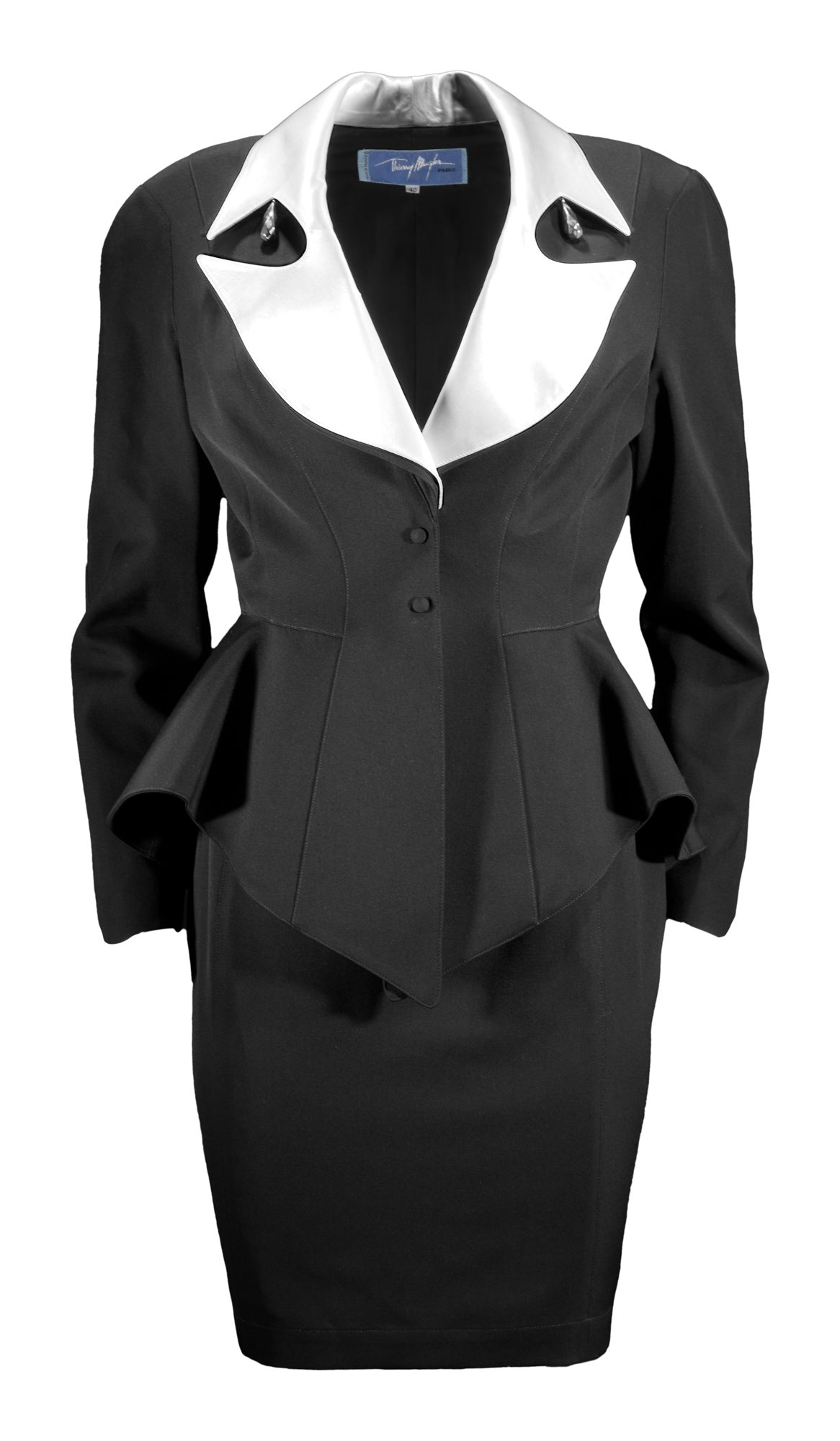  Thierry Mugler F/W 1992 Archival Black Skirt Suit with White Satin Notched Lapels FRONT 1/10
