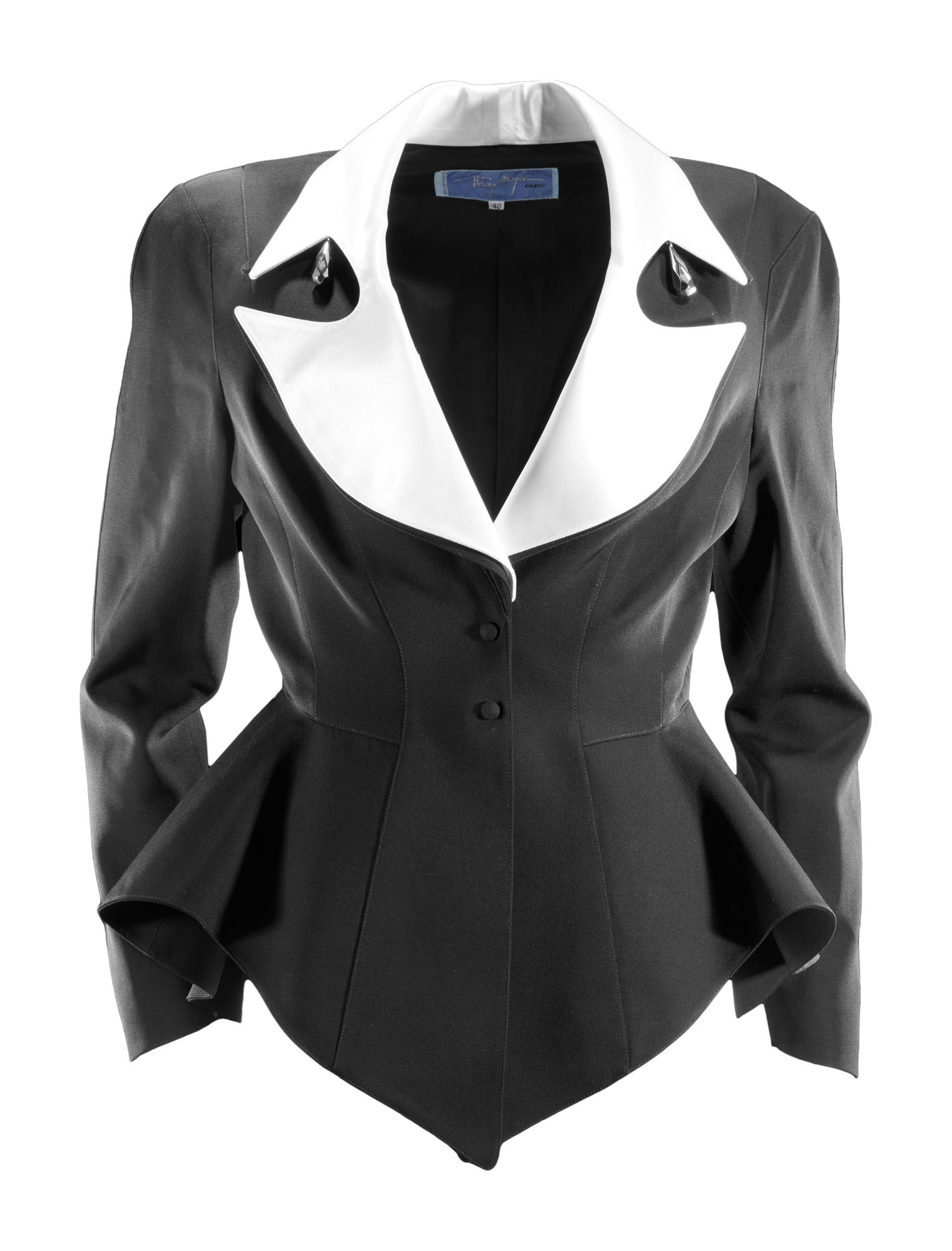  Thierry Mugler F/W 1992 Archival Black Skirt Suit with White Satin Notched Lapels JACKET FRONT 4/10