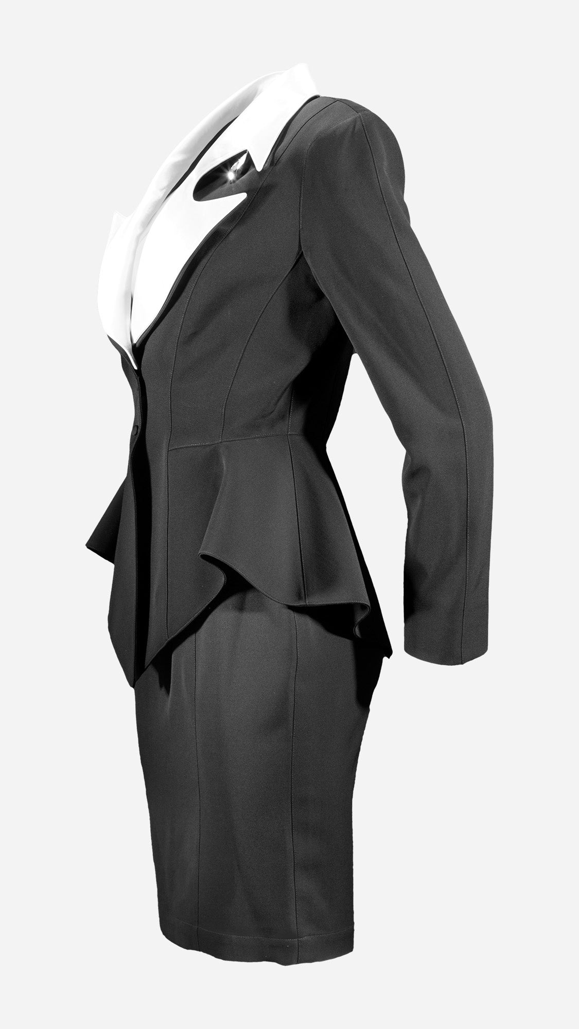  Thierry Mugler F/W 1992 Archival Black Skirt Suit with White Satin Notched Lapels SIDE 2/10