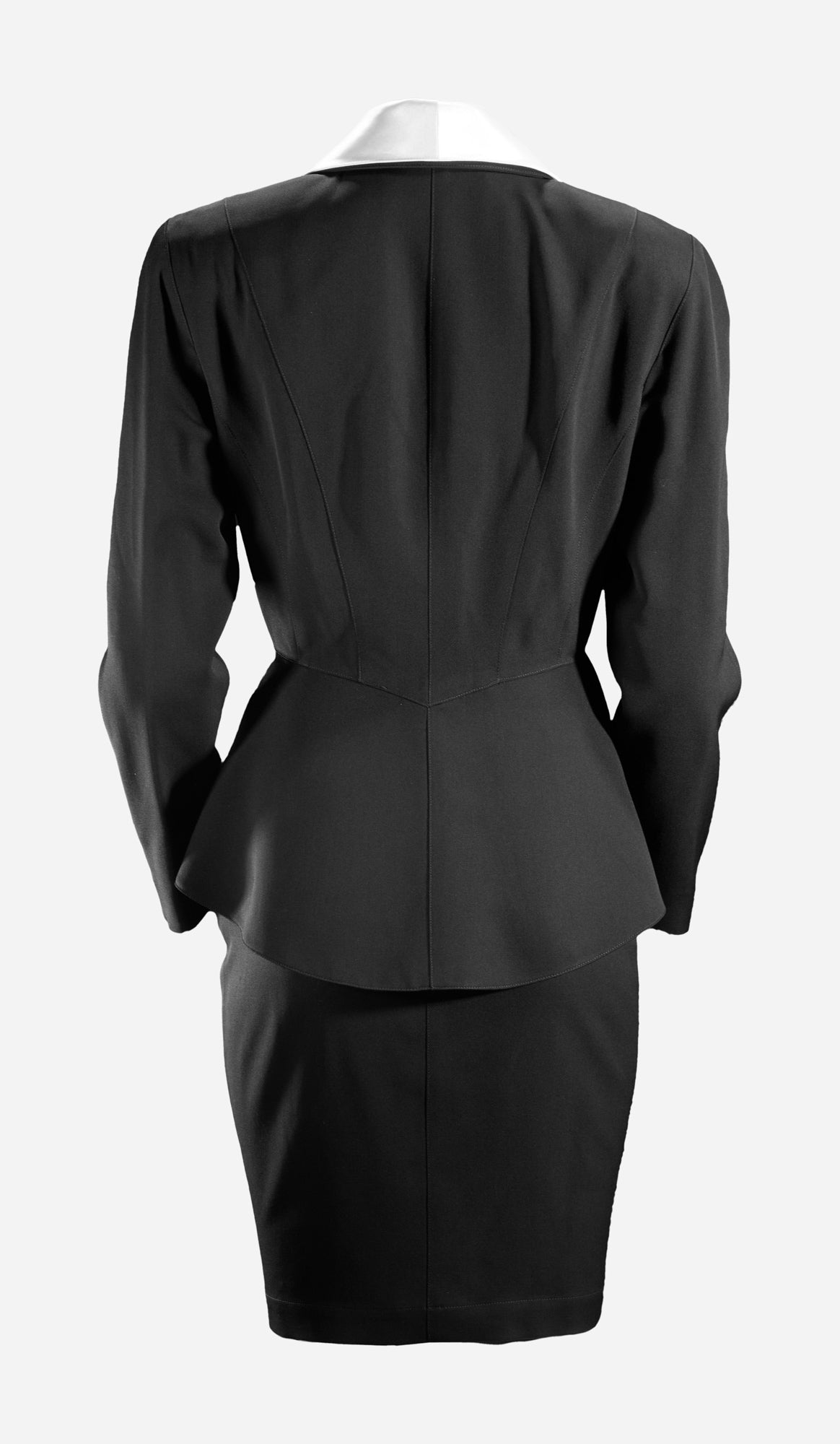  Thierry Mugler F/W 1992 Archival Black Skirt Suit with White Satin Notched Lapels BACK 3/10