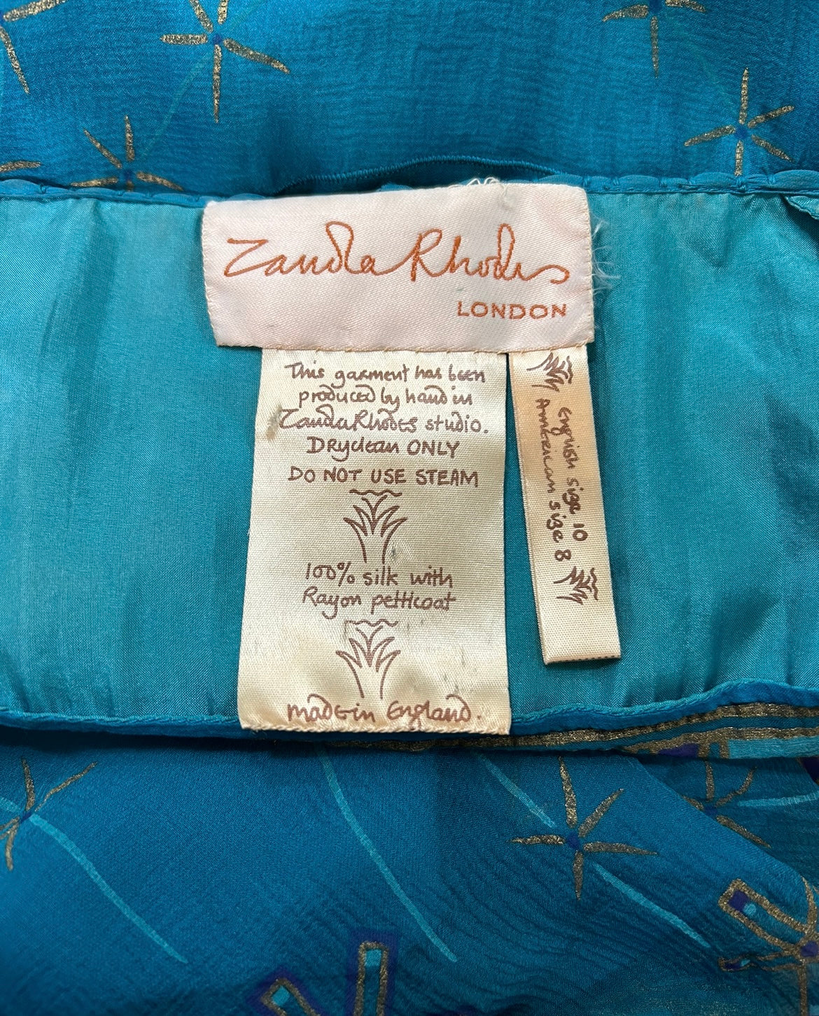 Zandra Rhodes 1970s Silk Turquoise Silk Screen Dress TAG PHOTO 5 OF 7