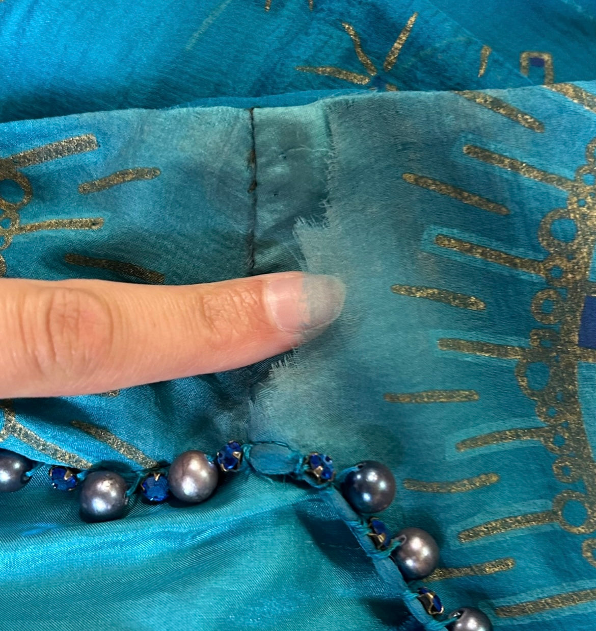 Zandra Rhodes 1970s Silk Turquoise Silk Screen Dress SHOULDER DAMAGE PHOTO 6 OF 7