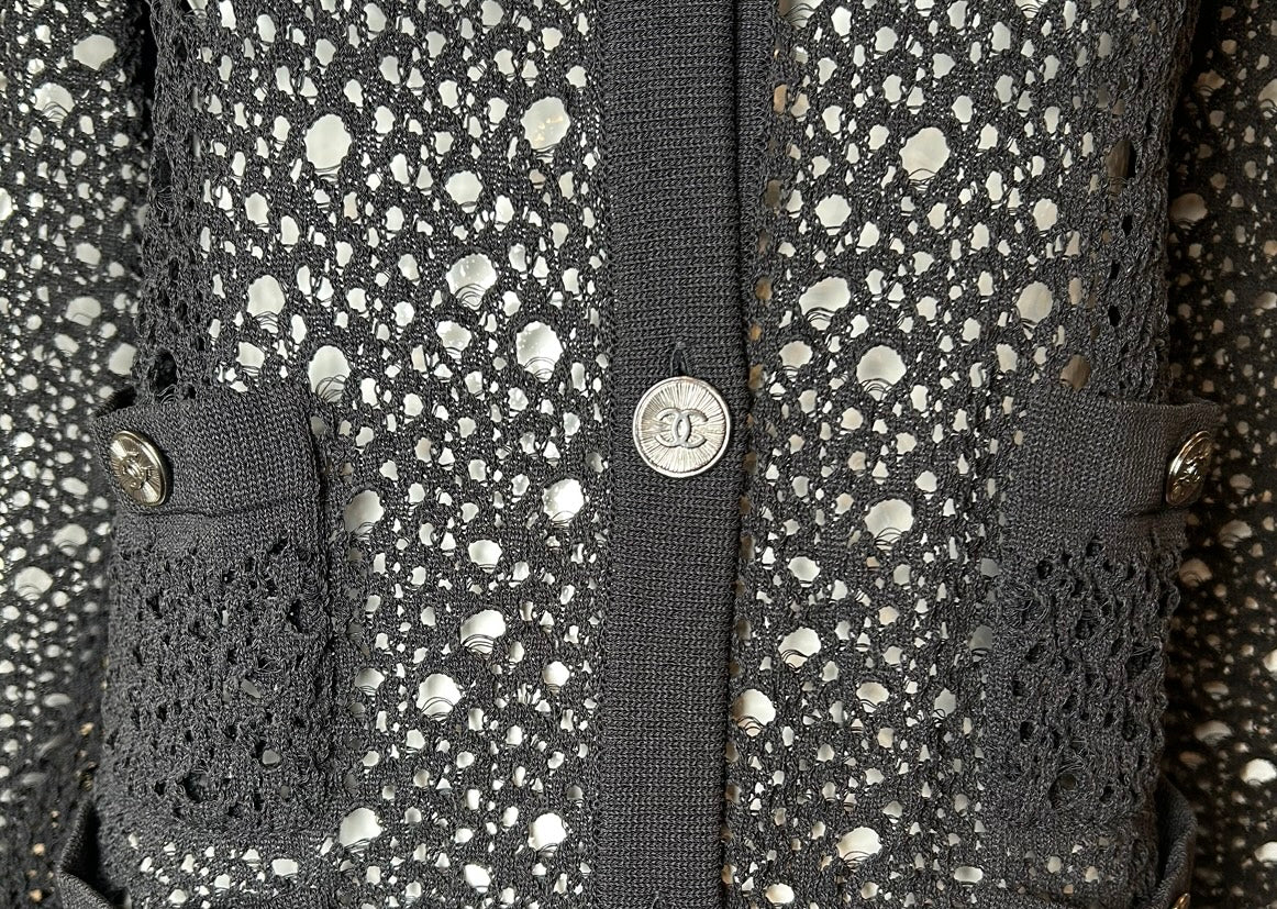 CHANEL Net-Knit Black Cardigan with Logo Buttons DETAIL PHOTO 5 OF 5