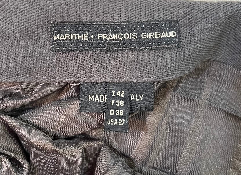 Marithe + Francois Girbaud 90s Gun Metal Pleated Asymmetric Halter Gown with Ruched Bottom Pleat LABEL