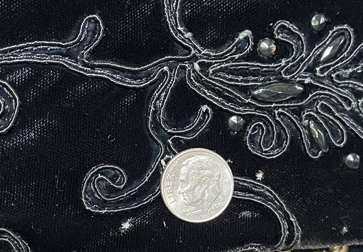 Early 1940s Black Silk Velvet Soutache Blazer PINHOLE SIZING DETAIL COMPARED TO DIME PHOTO 5 OF 5