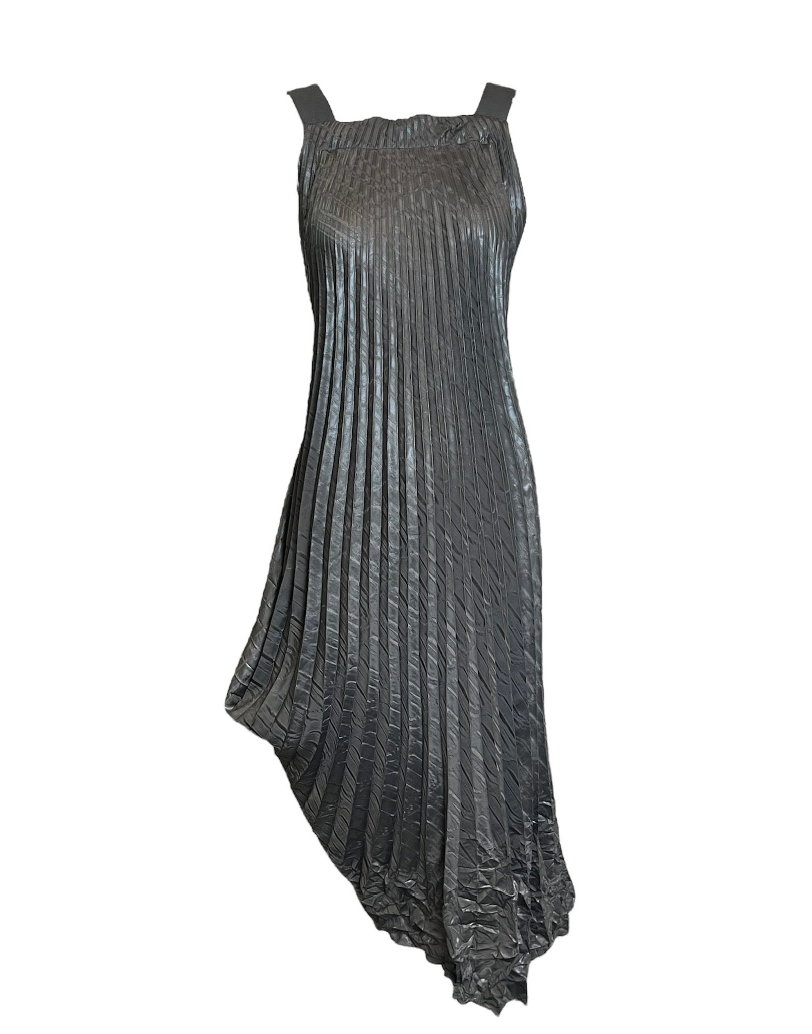 Marithe + Francois Girbaud 90s Gun Metal Pleated Asymmetric Halter Gown with Ruched Bottom Pleat FRONT