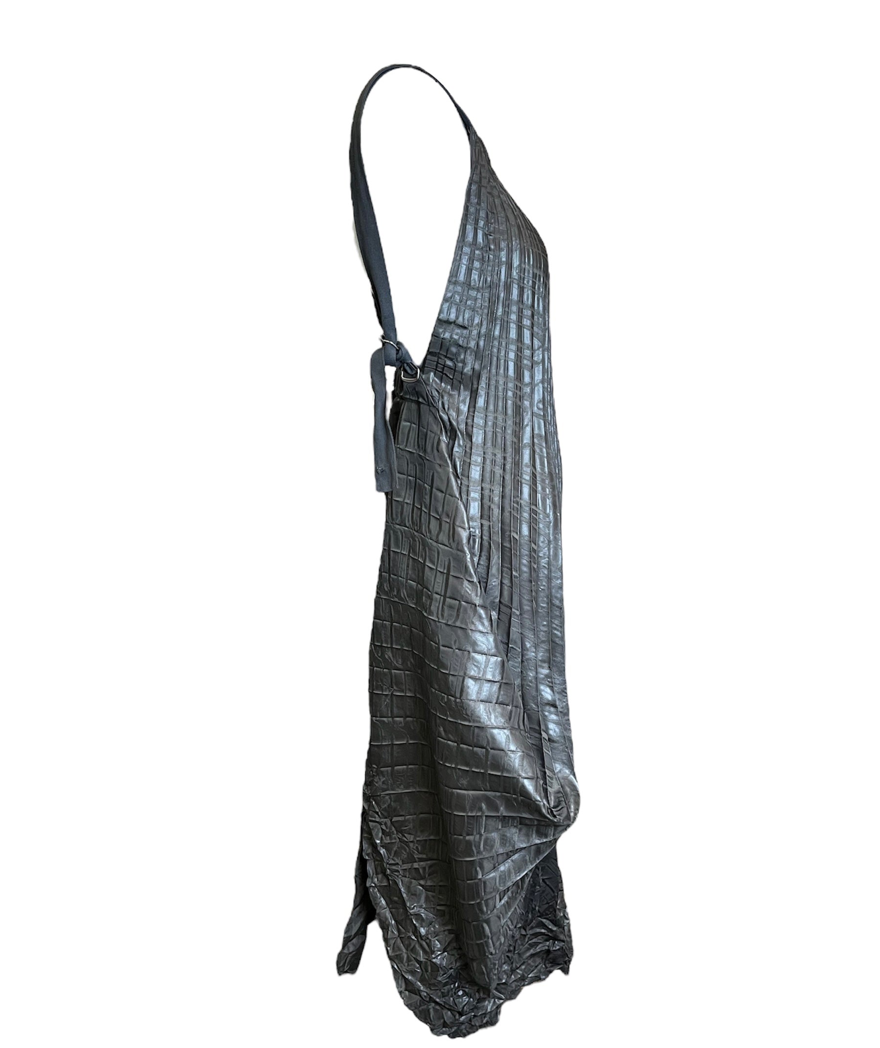 Marithe + Francois Girbaud 90s Gun Metal Pleated Asymmetric Halter Gown with Ruched Bottom Pleat SIDE