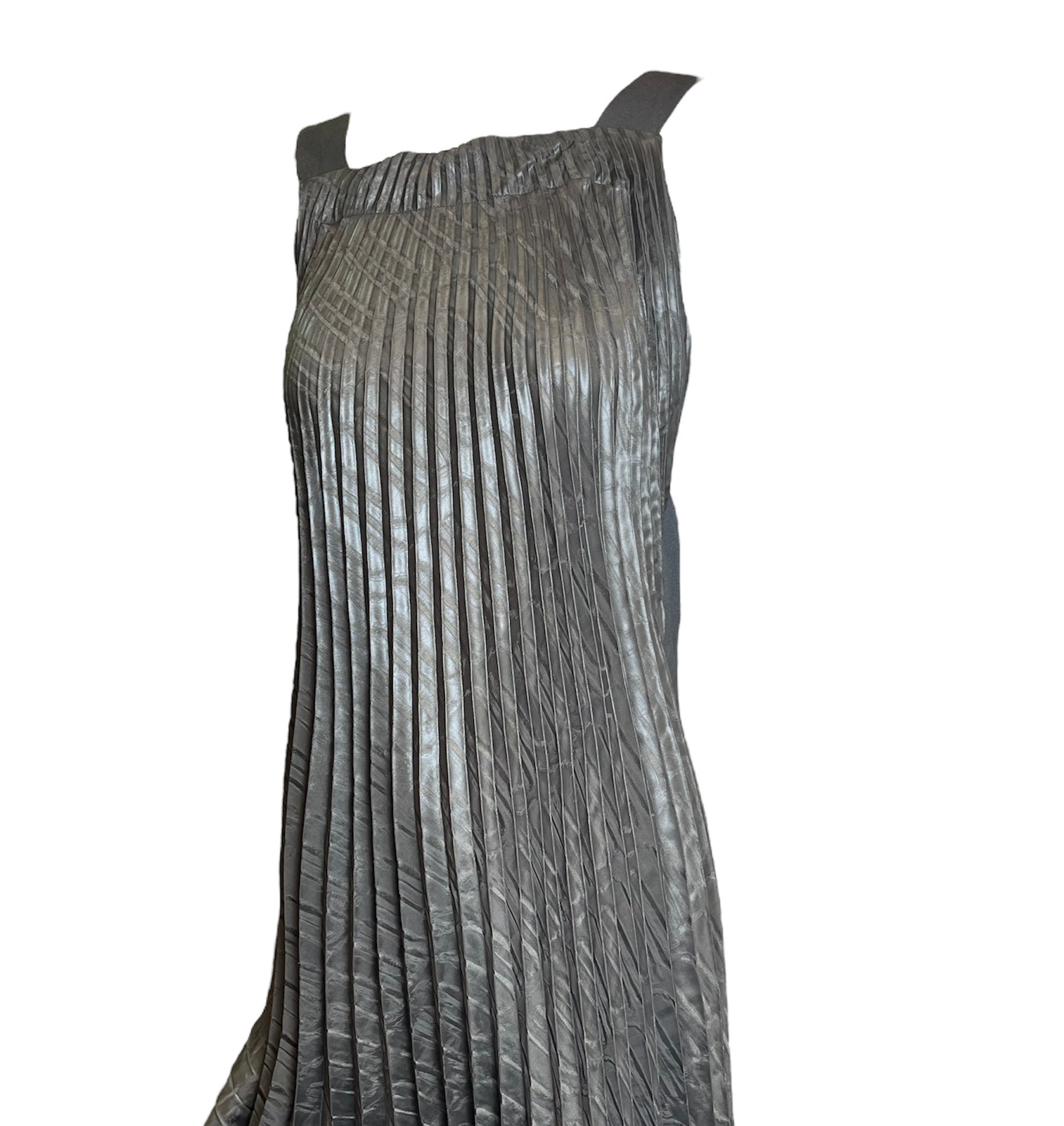 Marithe + Francois Girbaud 90s Gun Metal Pleated Asymmetric Halter Gown with Ruched Bottom Pleat FRONT DETAIL