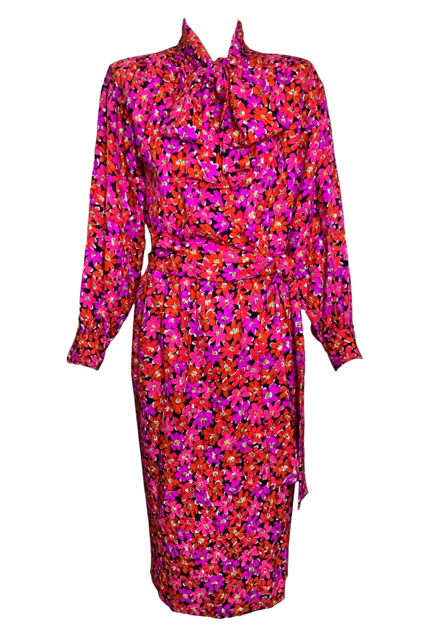 1989 Saint Laurent Magenta Silk Floral Print Dress Ensemble FULL ENSEMBLE FRONT