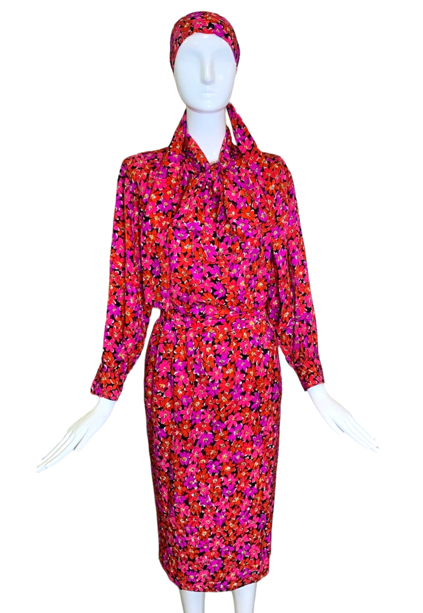 1989 Saint Laurent Magenta Silk Floral Print Dress Ensemble FRONT HEADBAND