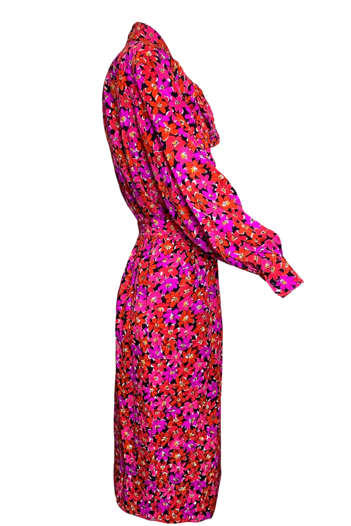 1989 Saint Laurent Magenta Silk Floral Print Dress Ensemble FULL ENSEMBLE SIDE