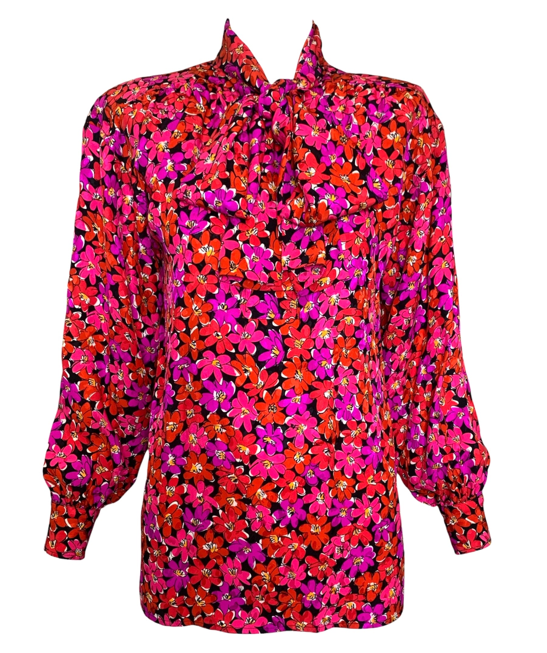 1989 Saint Laurent Magenta Silk Floral Print Dress Ensemble BLOUSE FRONT