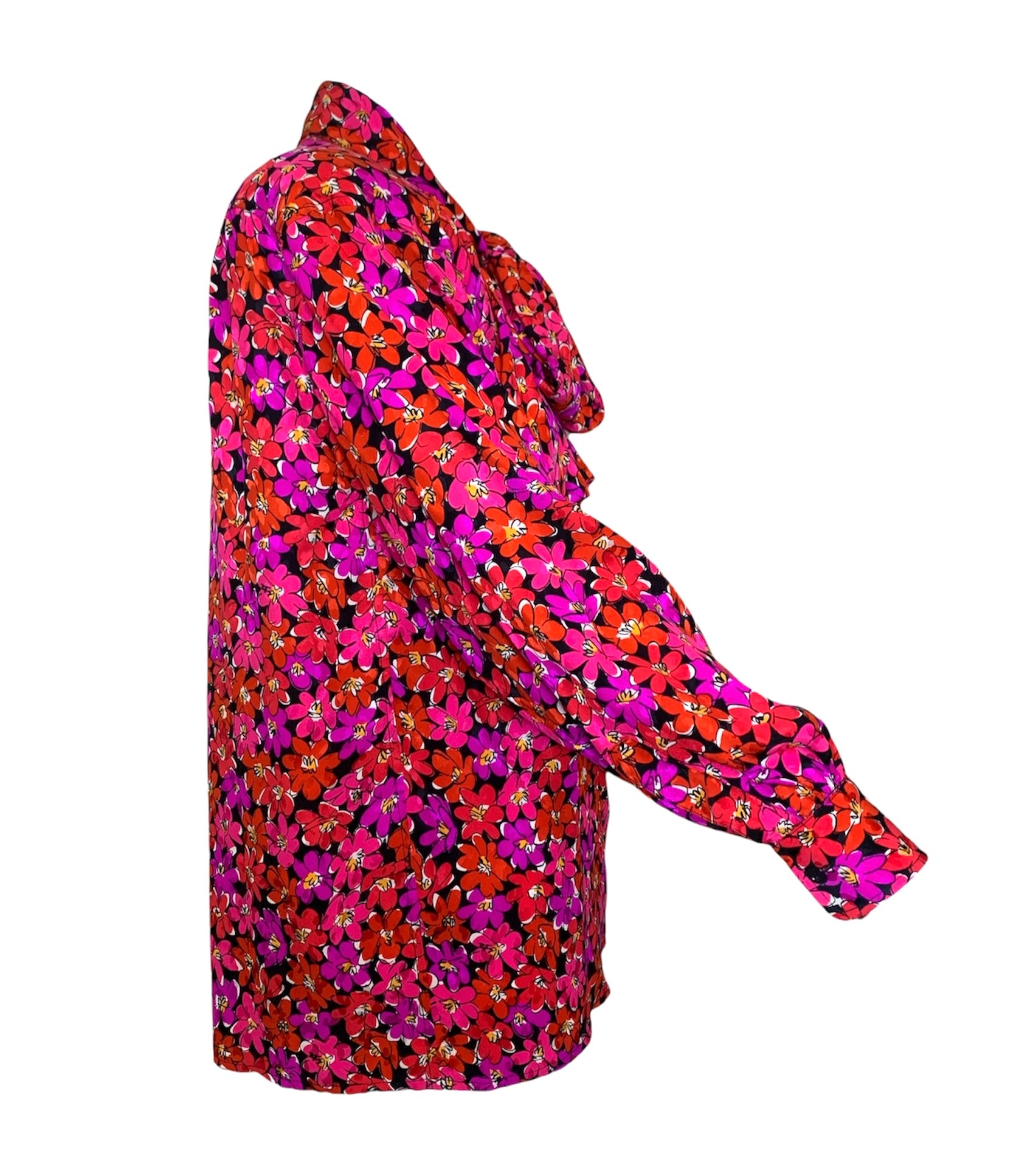 1989 Saint Laurent Magenta Silk Floral Print Dress Ensemble BLOUSE SIDE