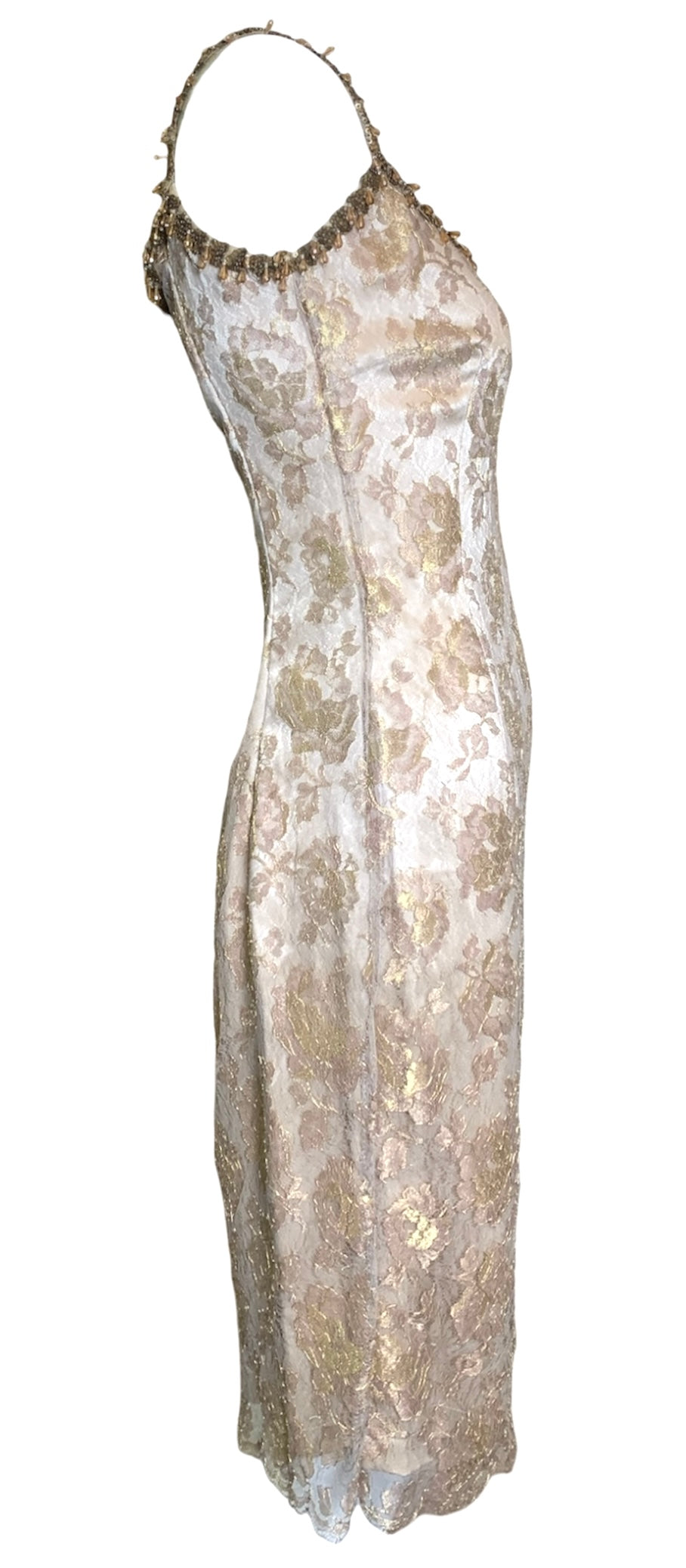 Escada Gold Lace Mini Dress with Embellished Straps SIDE
