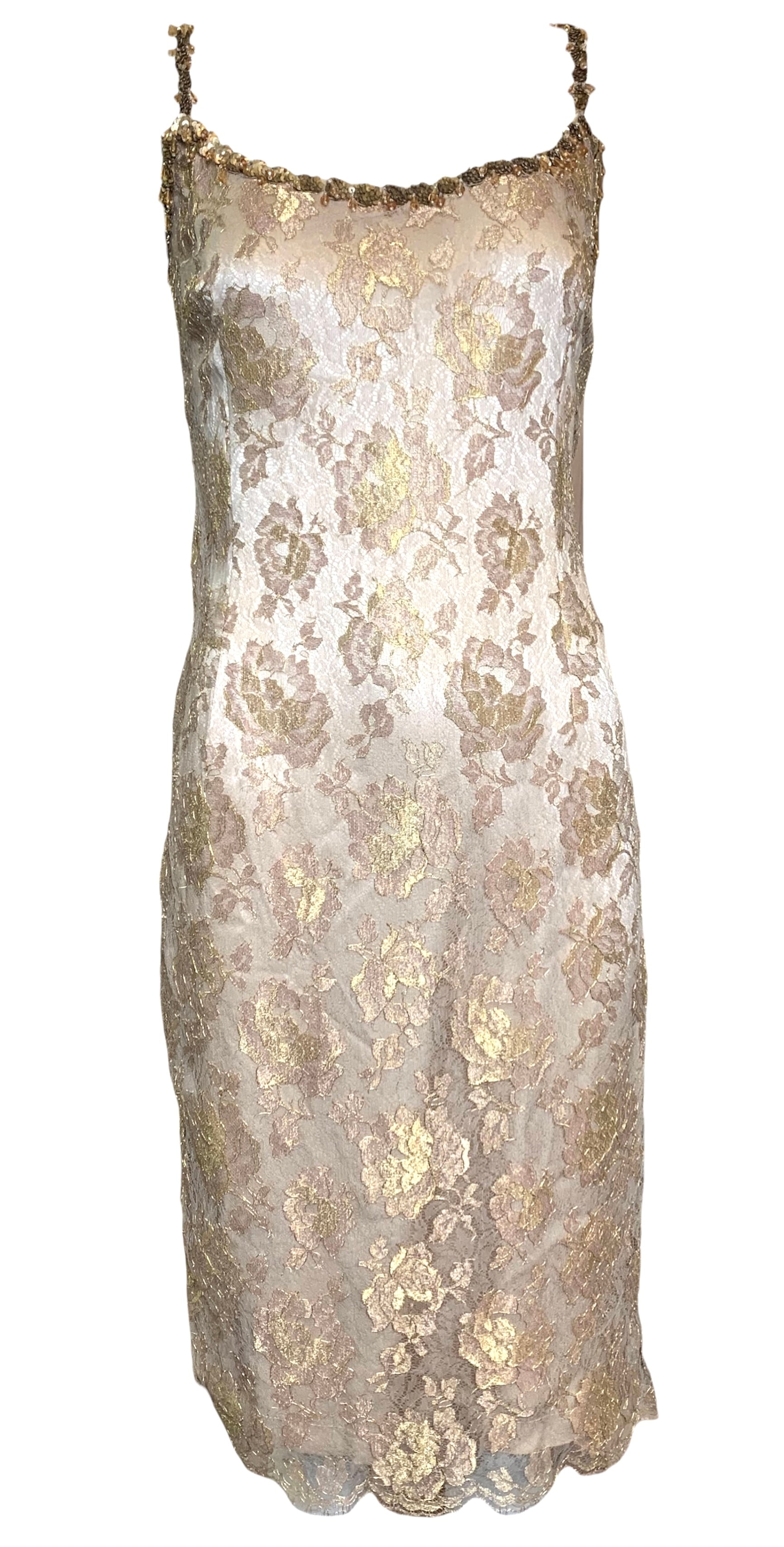 Escada Gold Lace Mini Dress with Embellished Straps FRONT