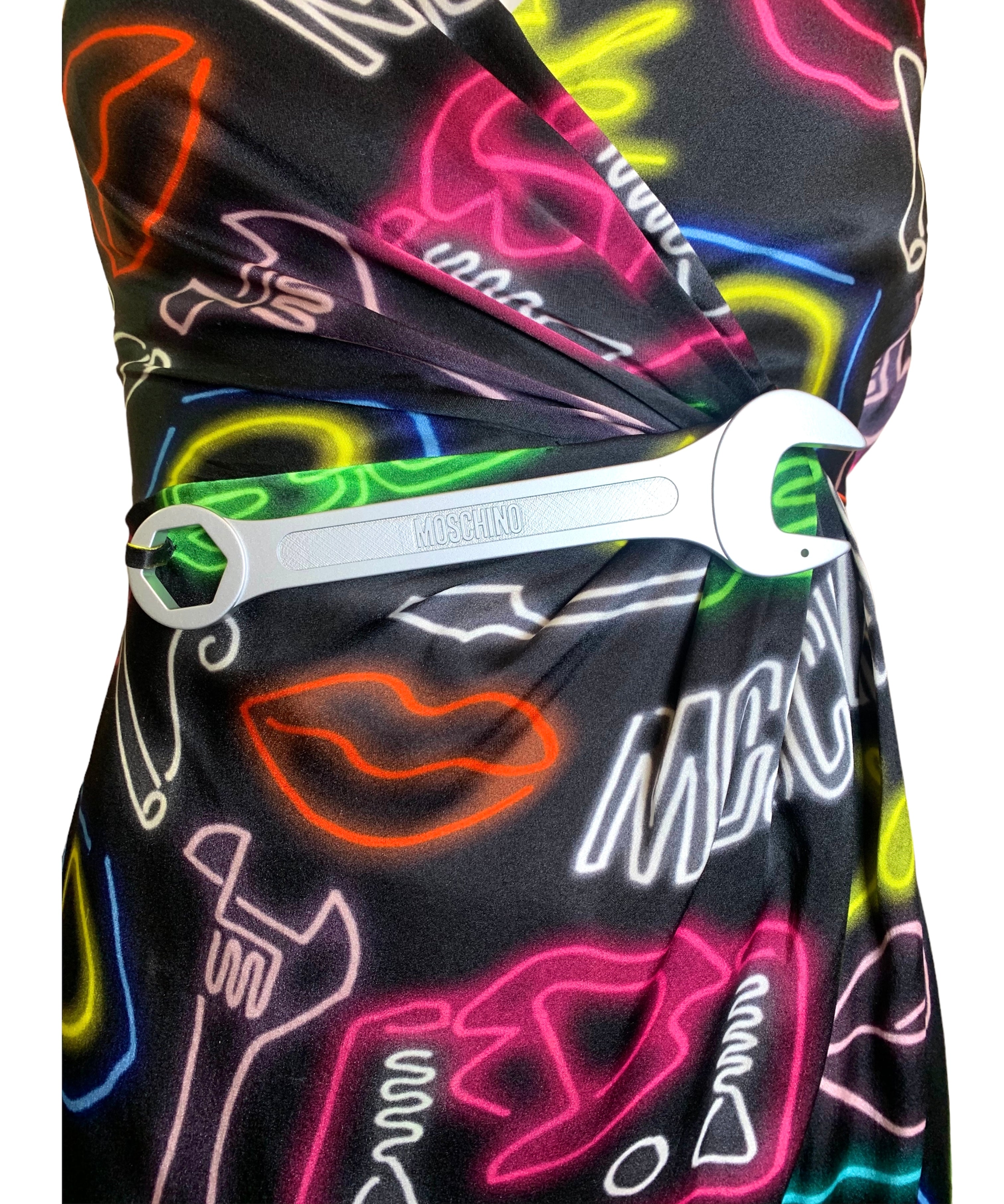 Moschino Couture SS 2016 Neon Sign Novelty Print Silk Gown FRONT DETAIL