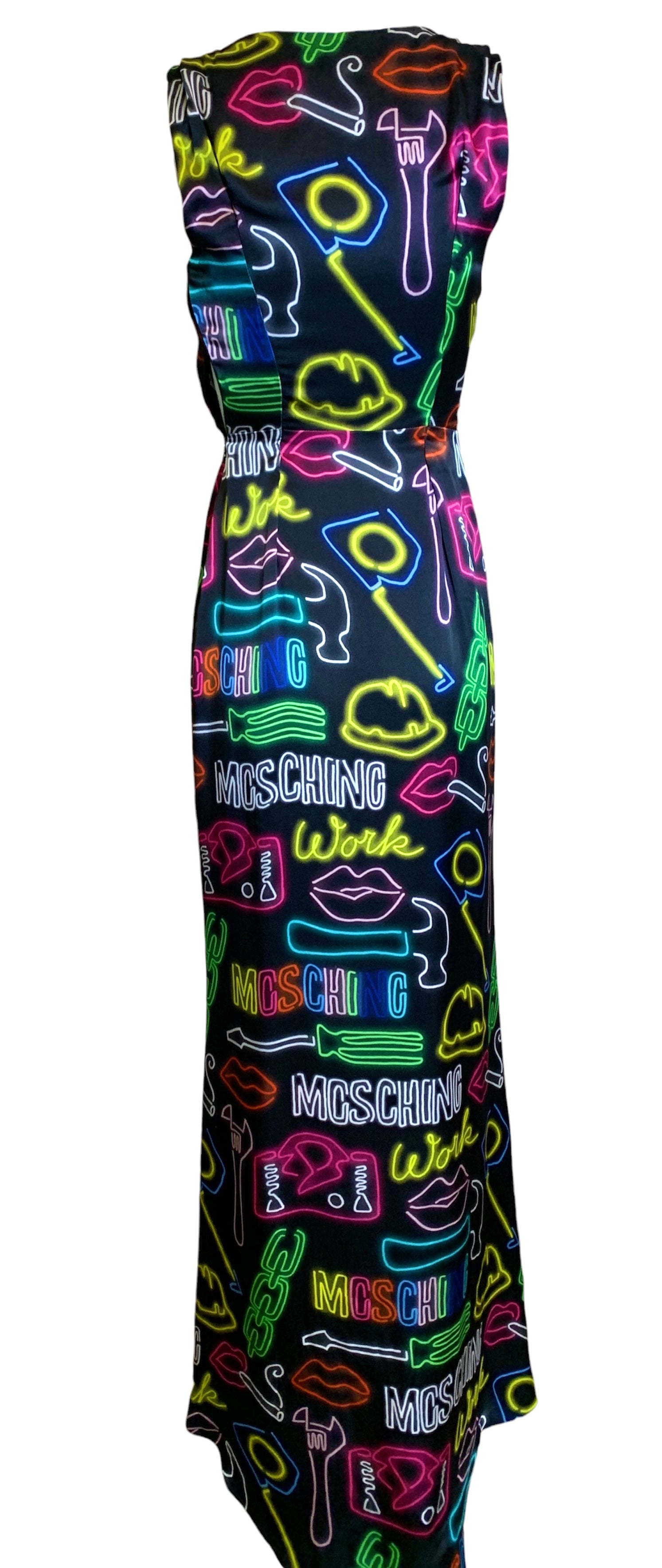 Moschino Couture SS 2016 Neon Sign Novelty Print Silk Gown BACK