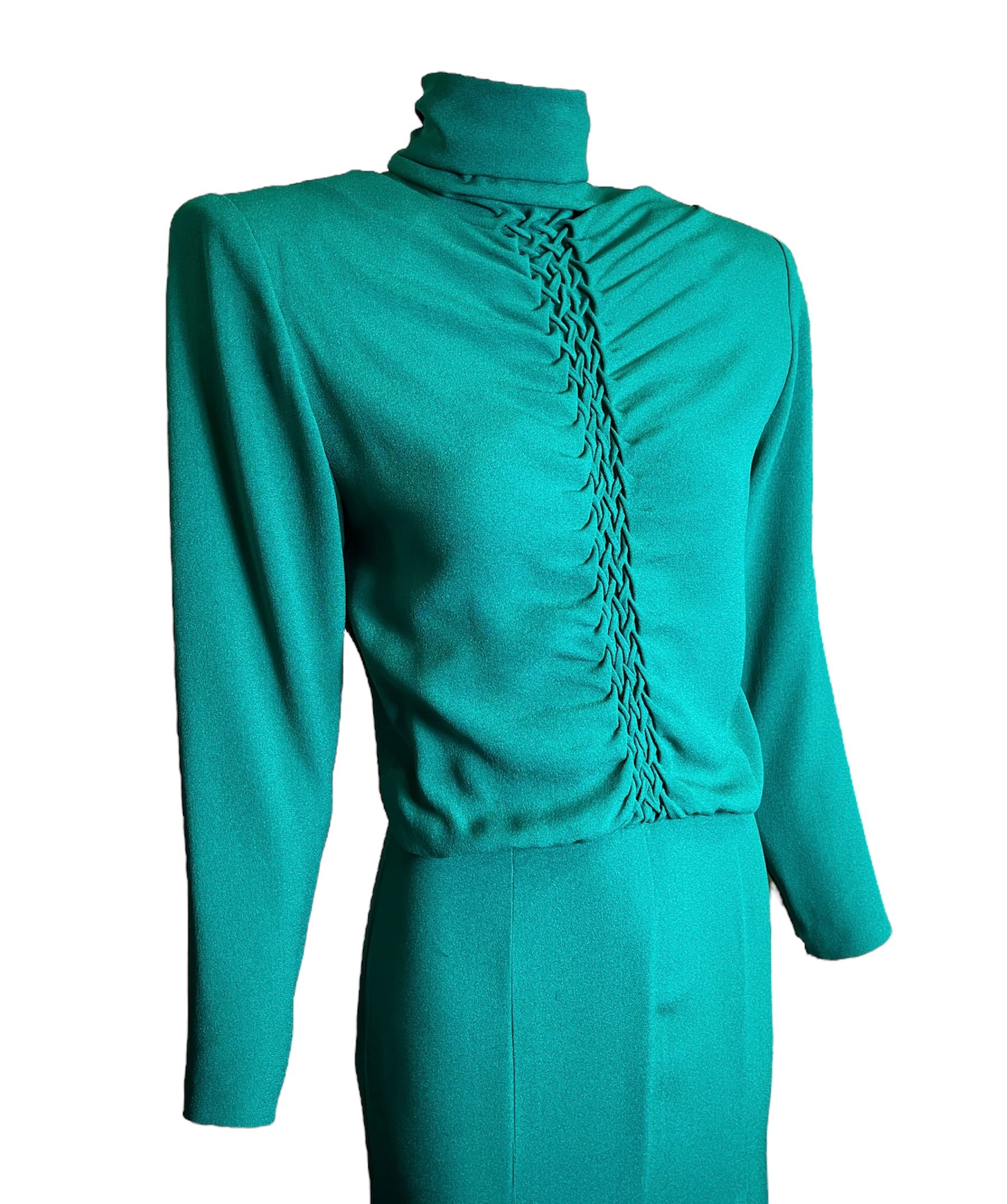 Galanos 80s Emerald Green Gown w/ Woven Front Detail DETAIL PHOTO 2 OF 5