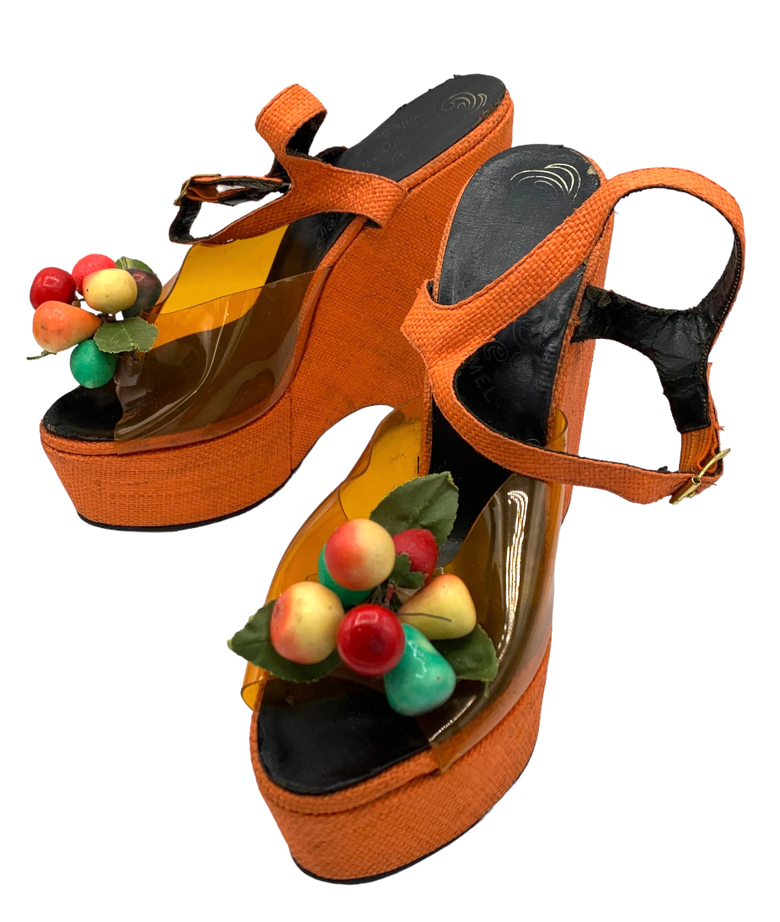 The Wonder Wedge by Bonnie Smith for Kimel '70s Orange Woven Fruit Bunch Wedge Platform Sandals, side