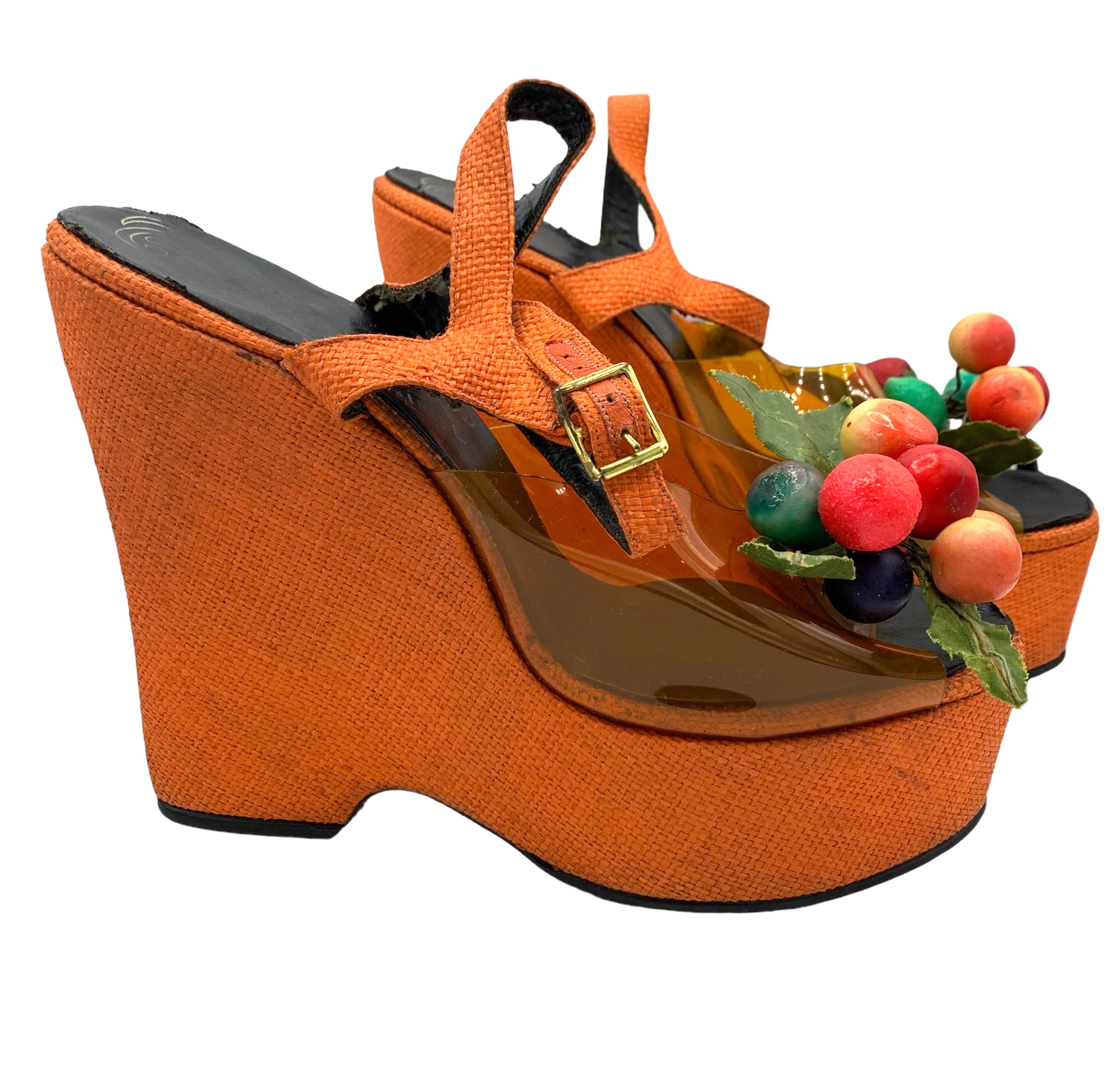 The Wonder Wedge by Bonnie Smith for Kimel '70s Orange Woven Fruit Bunch Wedge Platform Sandals, side 2