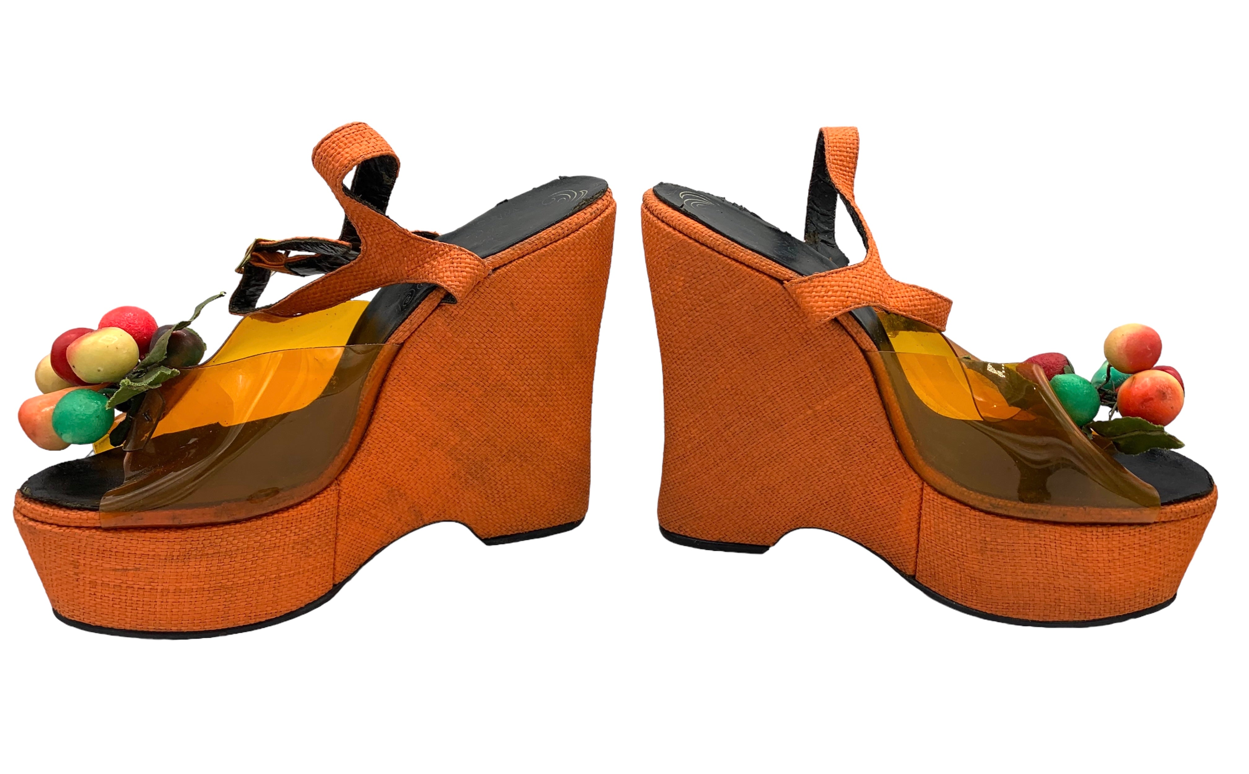 The Wonder Wedge by Bonnie Smith for Kimel '70s Orange Woven Fruit Bunch Wedge Platform Sandals, side 3