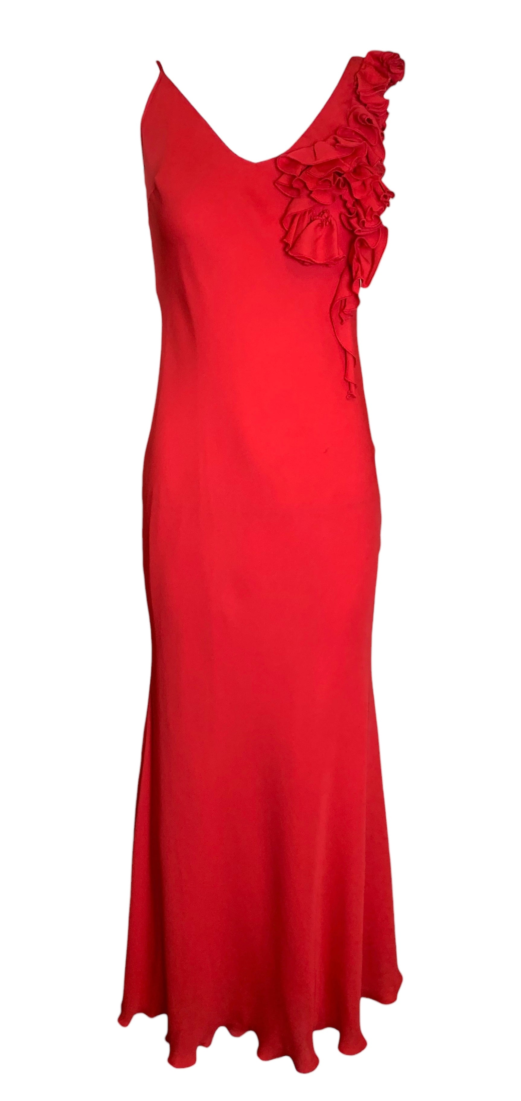 Mila Schön Cherry Red Asymmetrical Ruffled Detail Gown FRONT 1/5