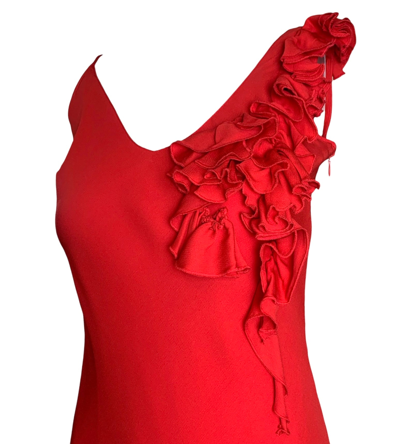Mila Schön Cherry Red Asymmetrical Ruffled Detail Gown FRONT DETAIL 2/5
