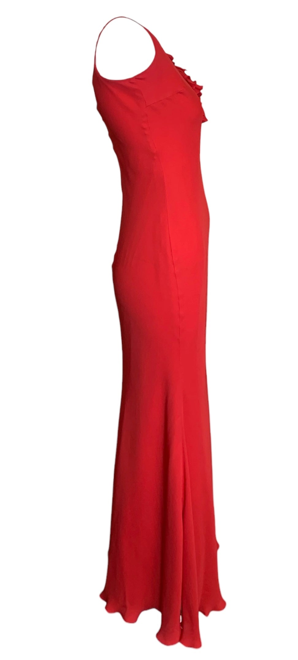 Mila Schön Cherry Red Asymmetrical Ruffled Detail Gown SIDE 3/5