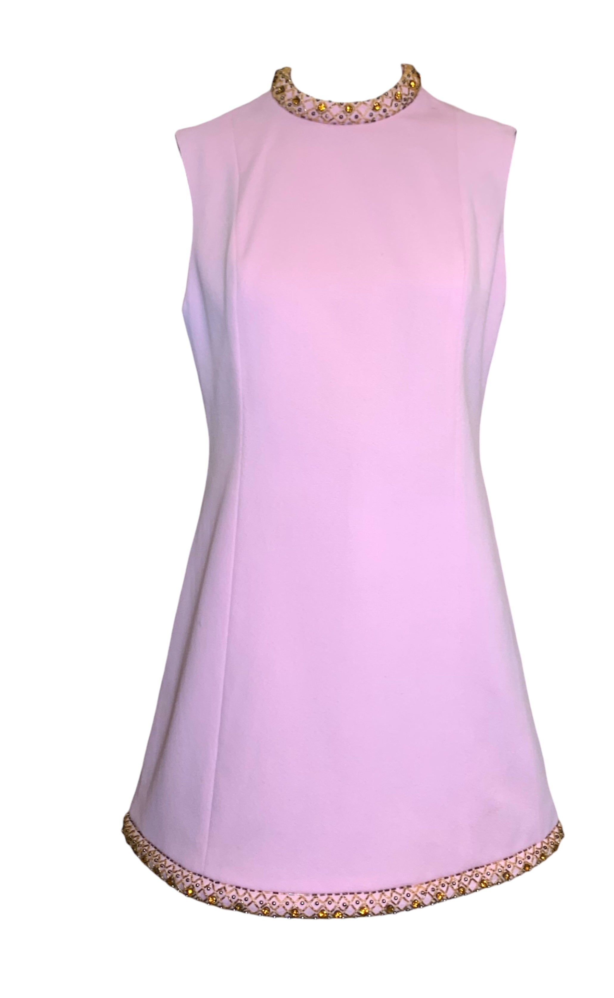 Fred Rothschild 60s Bubblegum Pink Shift Dress with Amber Embellished Collar & Hem FRONT 1/5