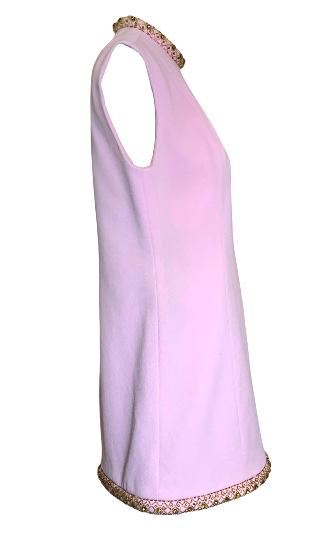 Fred Rothschild 60s Bubblegum Pink Shift Dress with Amber Embellished Collar & Hem SIDE 2/5