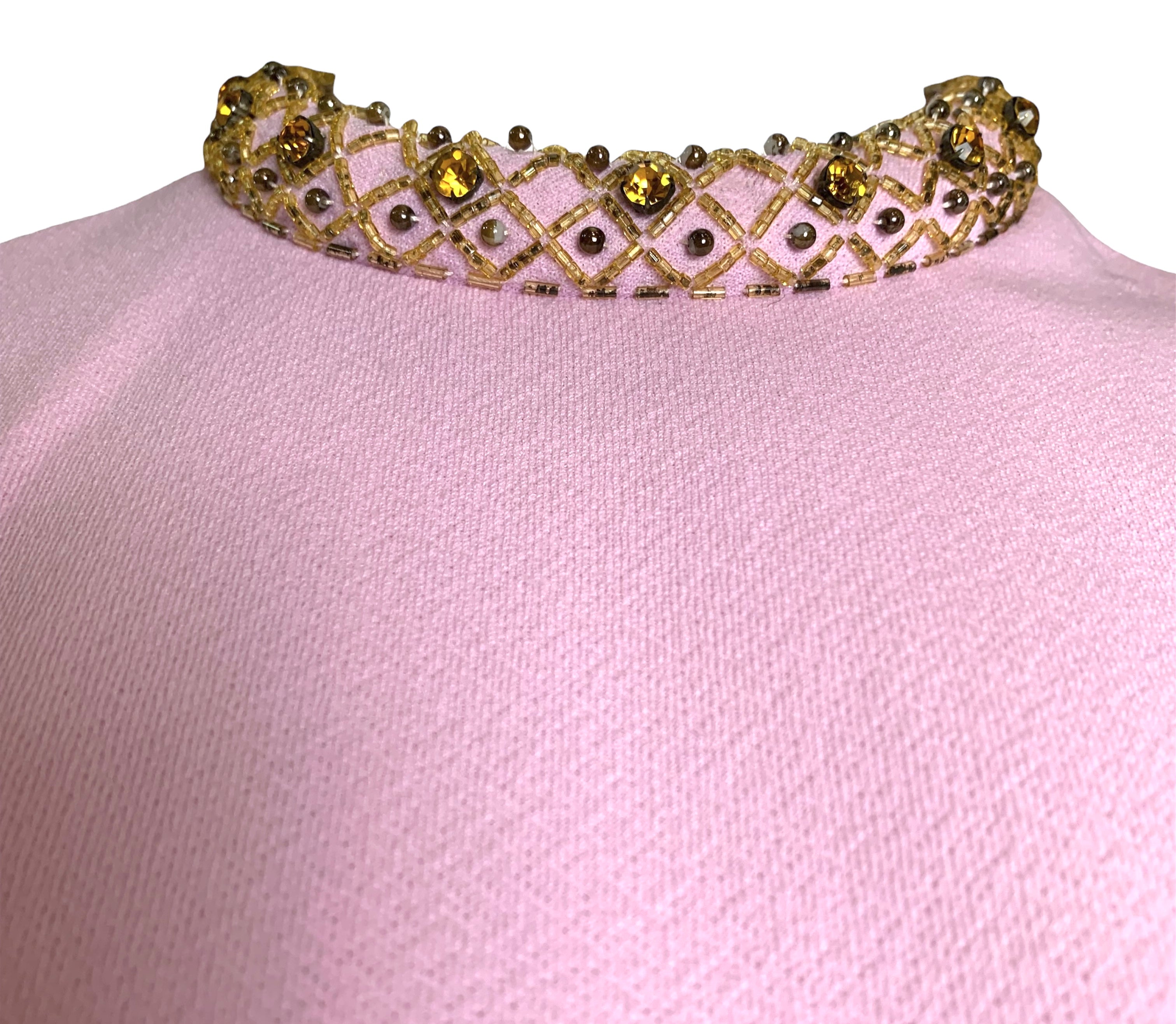 Fred Rothschild 60s Bubblegum Pink Shift Dress with Amber Embellished Collar & Hem DETAIL 4/5