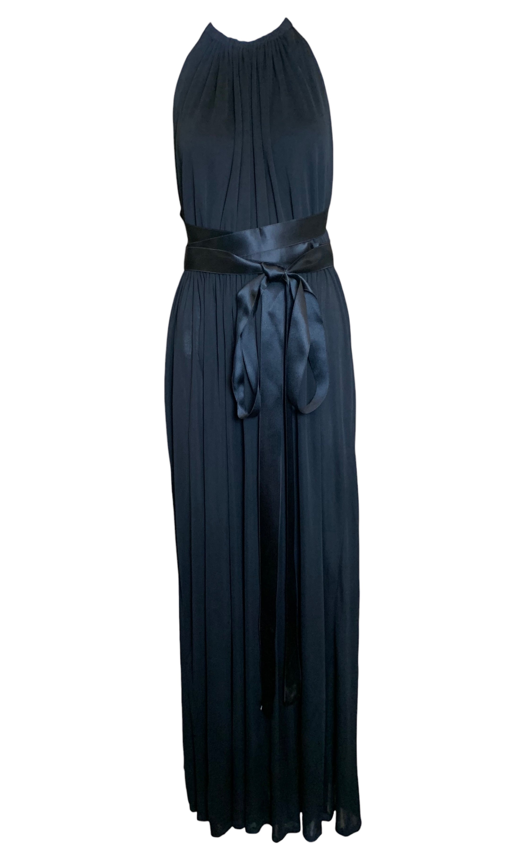 Donald Brooks '70s Black Jersey Halter Gown with Satin Ties FRONT 1/6