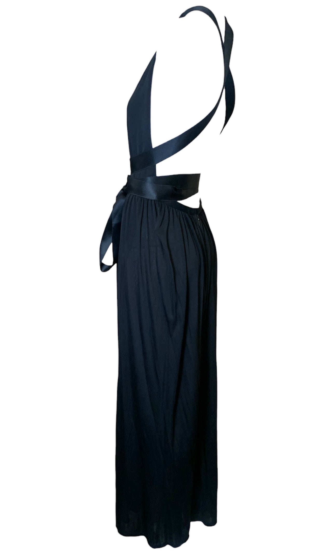 Donald Brooks '70s Black Jersey Halter Gown with Satin Ties SIDE 2/6