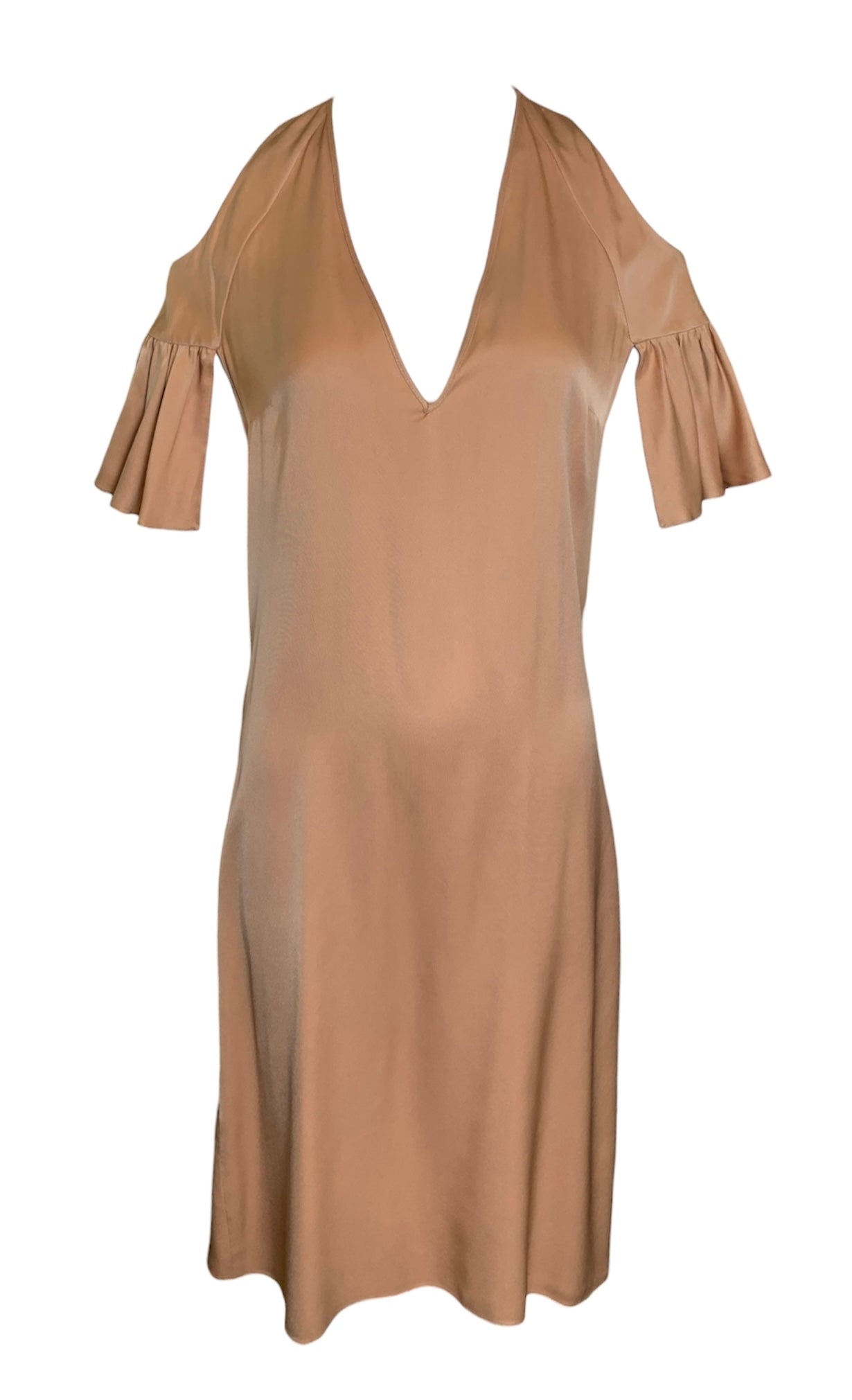 Chloé Caramel Peek-a-Boo Shoulder Flutter Sleeve Dress FRONT 1/4