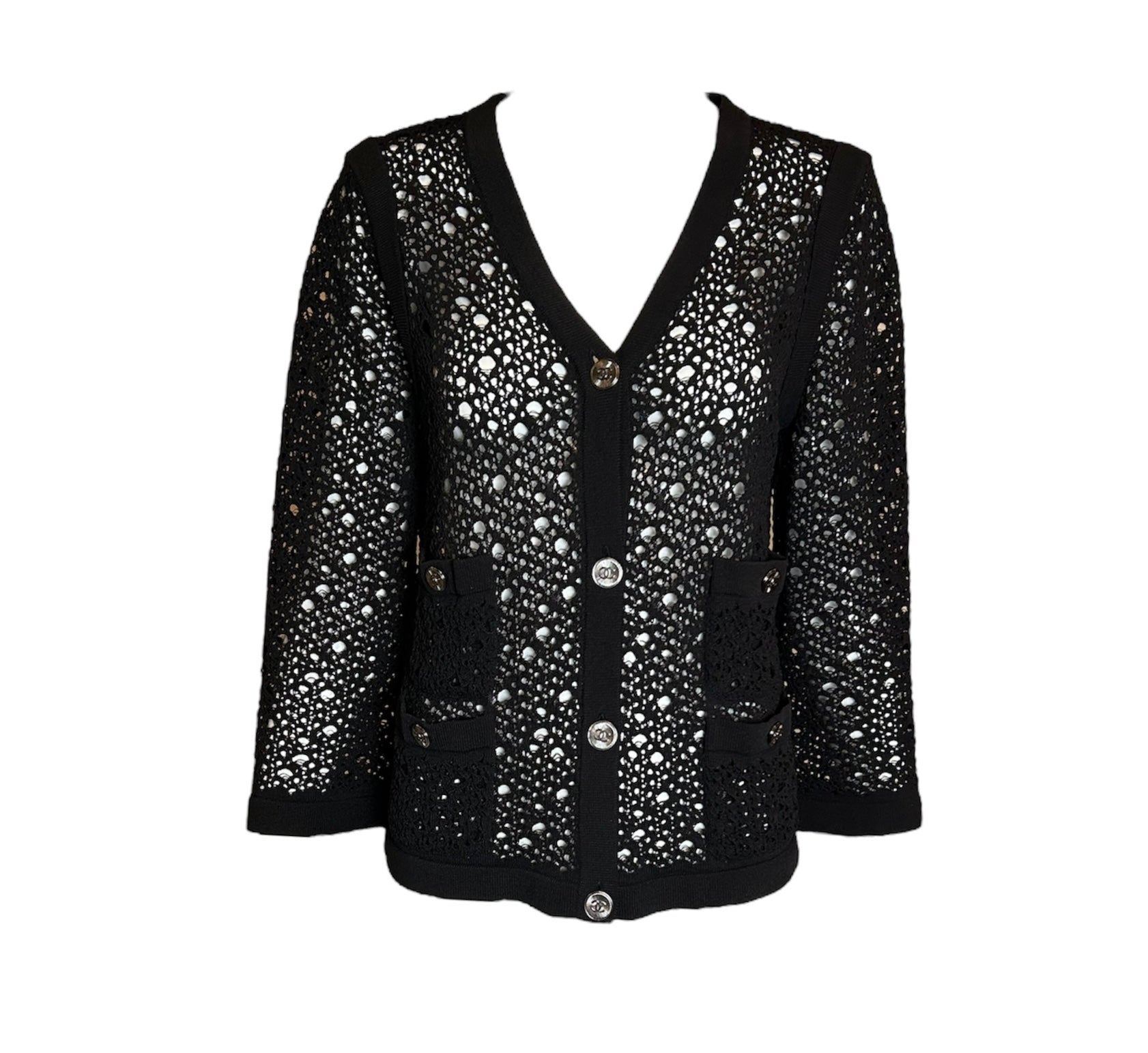CHANEL Net-Knit Black Cardigan with Logo Buttons FRONT PHOTO 1 OF 5
