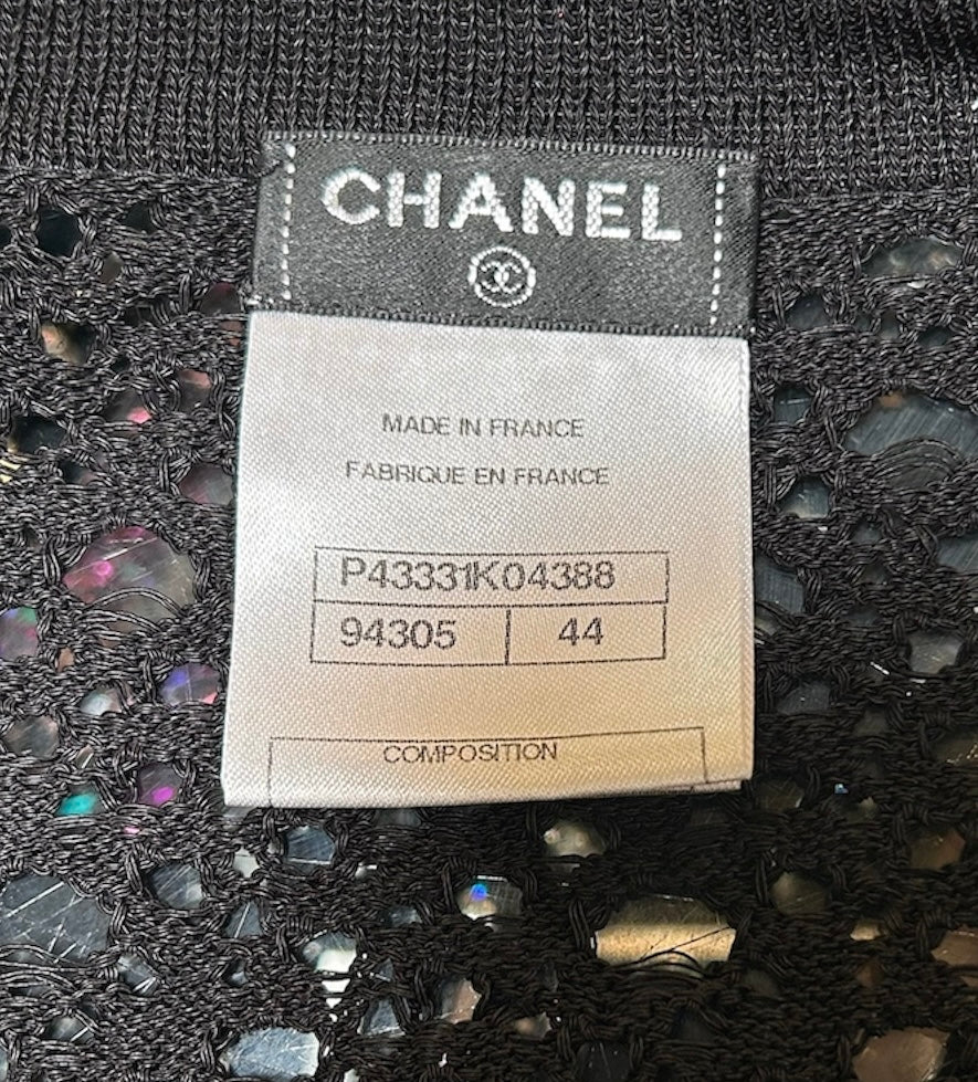CHANEL Net-Knit Black Cardigan with Logo Buttons TAG PHOTO 4 OF 5