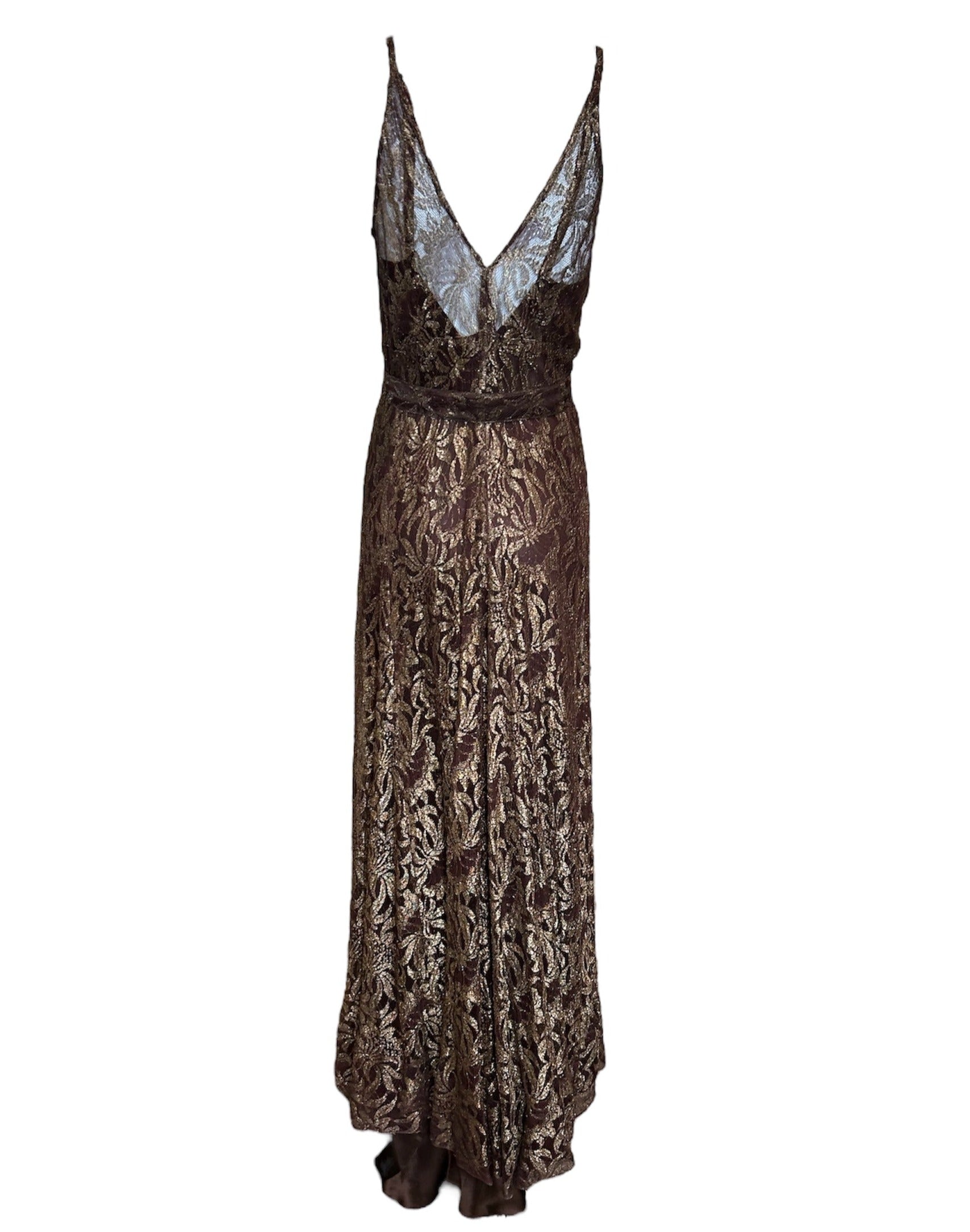 1930s Brown Lace & Gold Lame Gown w/ Belt BACK PHOTO 3 OF 4