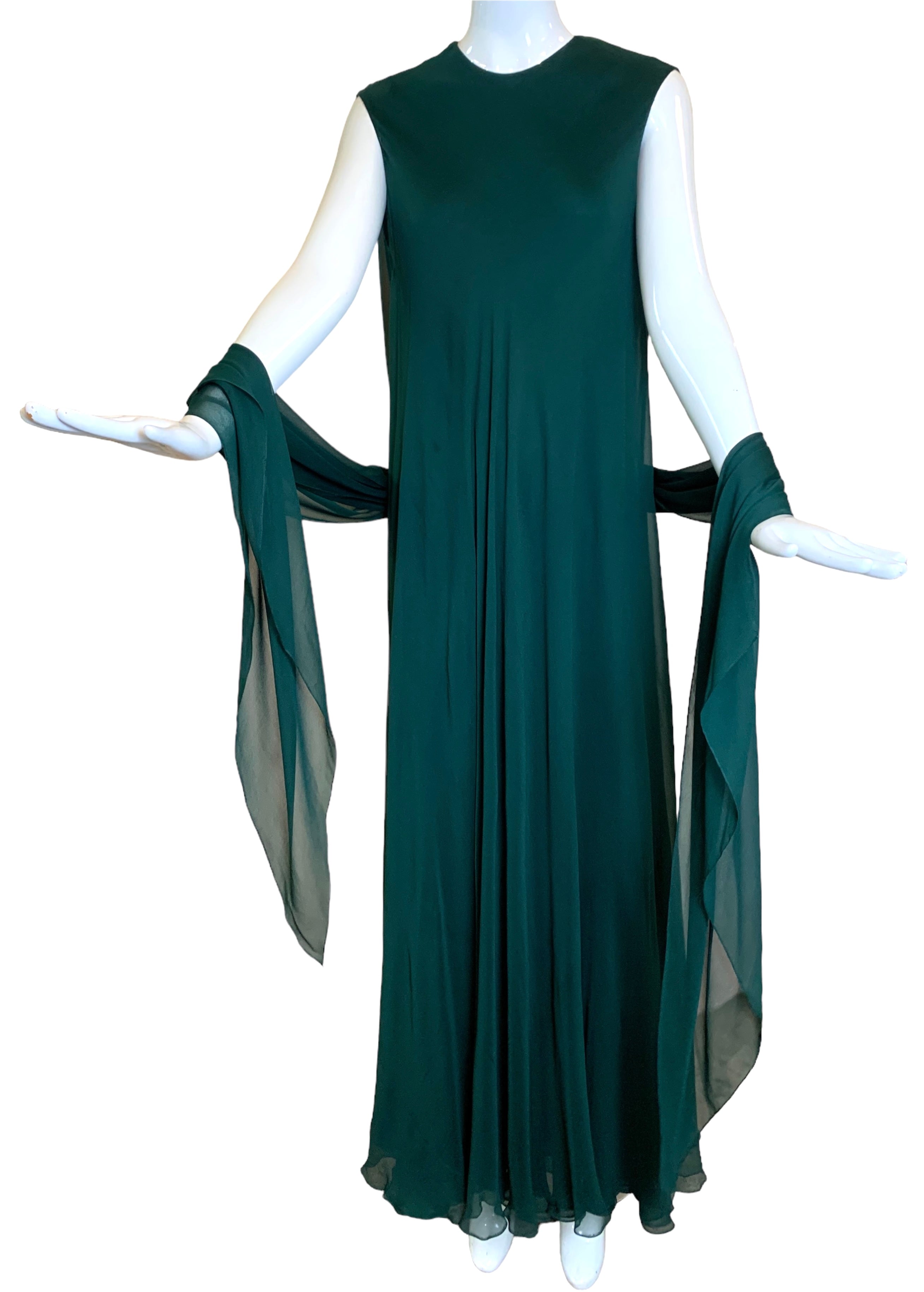 Stavropoulos '70s Emerald Green Silk Chiffon Gown & Scarf