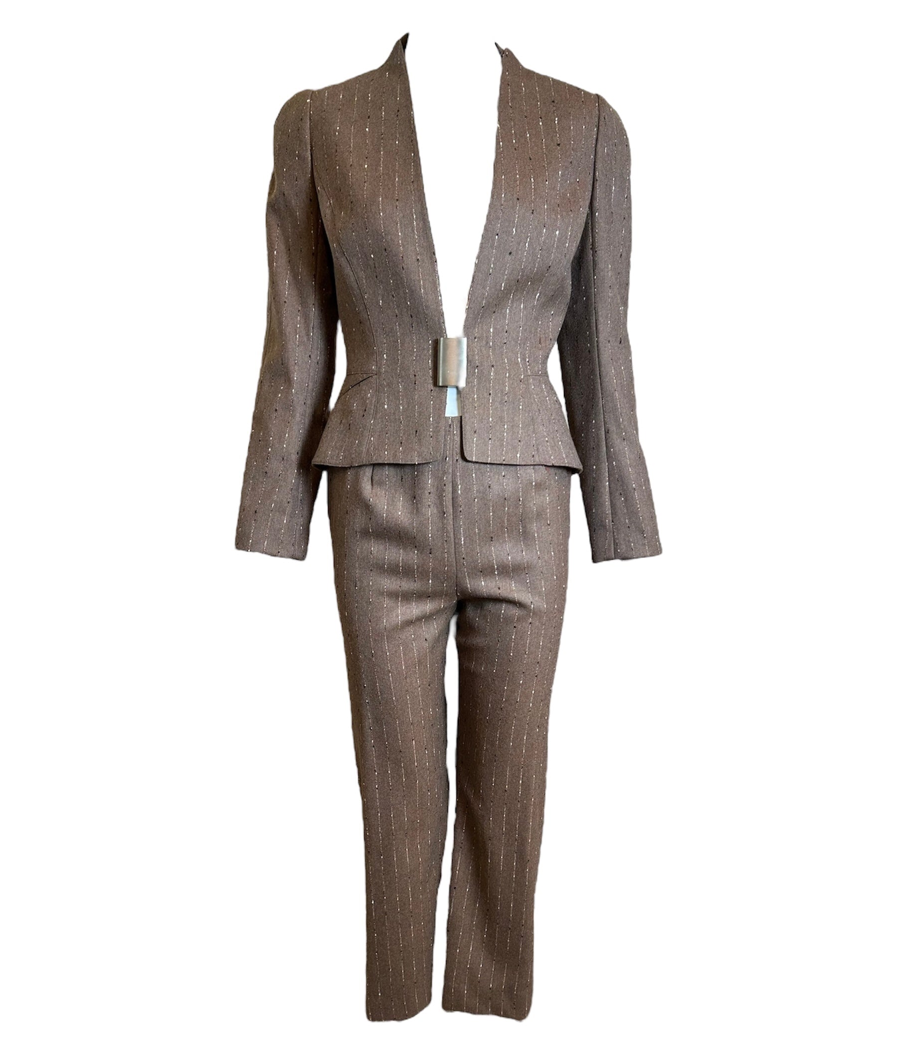 ugler Taupe Pinstripe Suit Ensemble FRONT PHOTO 1 OF 6