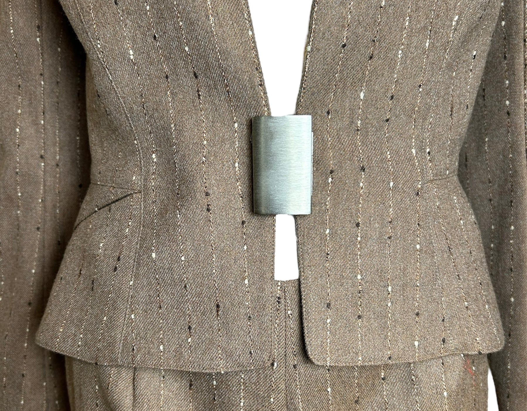 ugler Taupe Pinstripe Suit Ensemble BUCKLE DETAIL PHOTO 2 OF 6