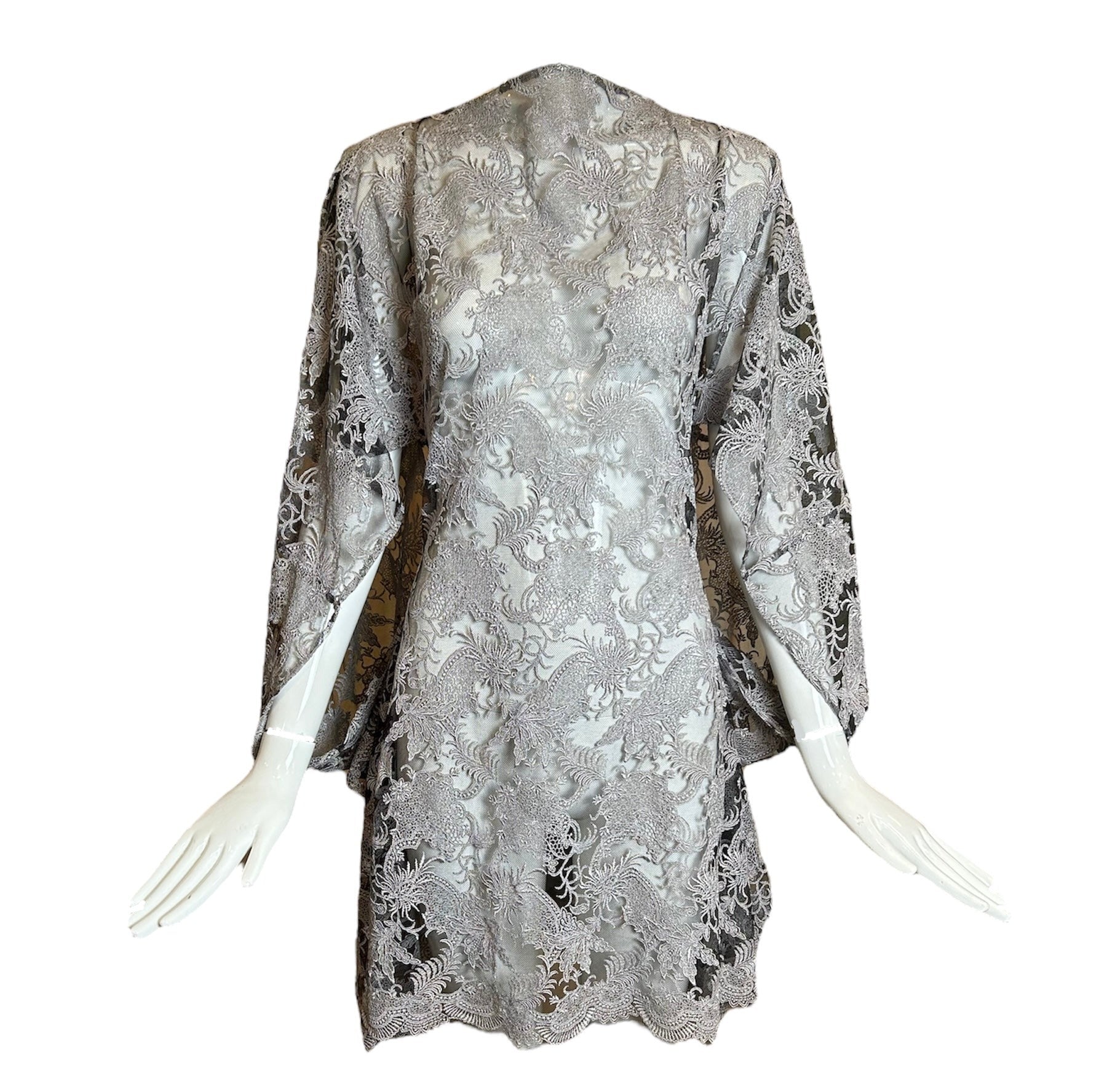 Junya Watanabe Comme Des Garcons Silver Kimono-Style Sleeve Lace Dress FRONT PHOTO 1 OF 5