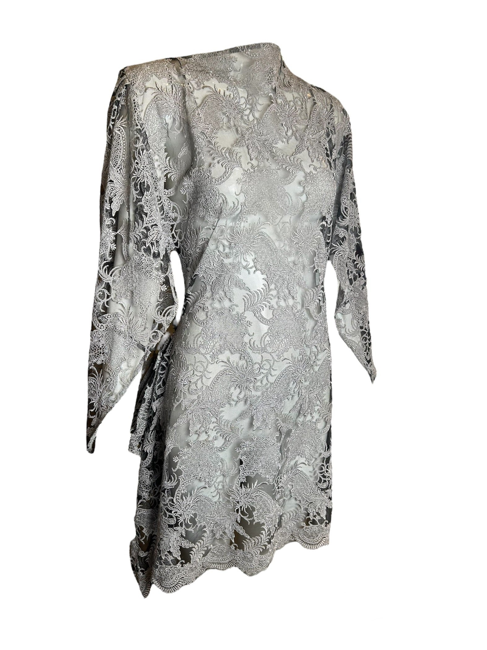 Junya Watanabe Comme Des Garcons Silver Kimono-Style Sleeve Lace Dress DETAIL PHOTO 4 OF 5
