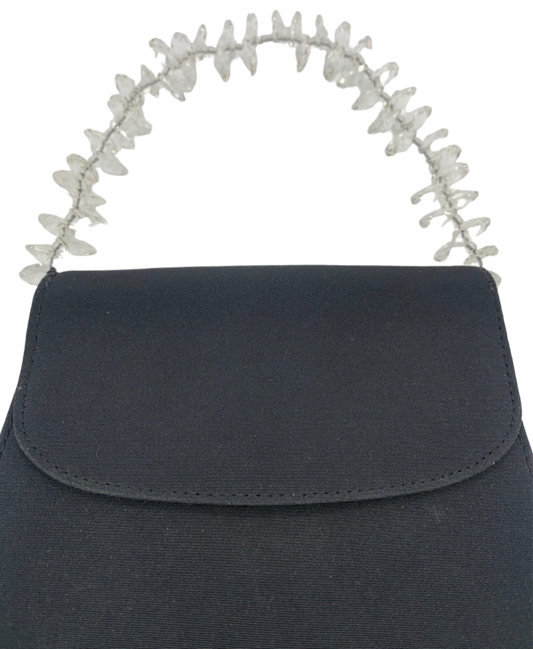 Casadei Black Satin Bag with Simulated Crystal Handle, close up