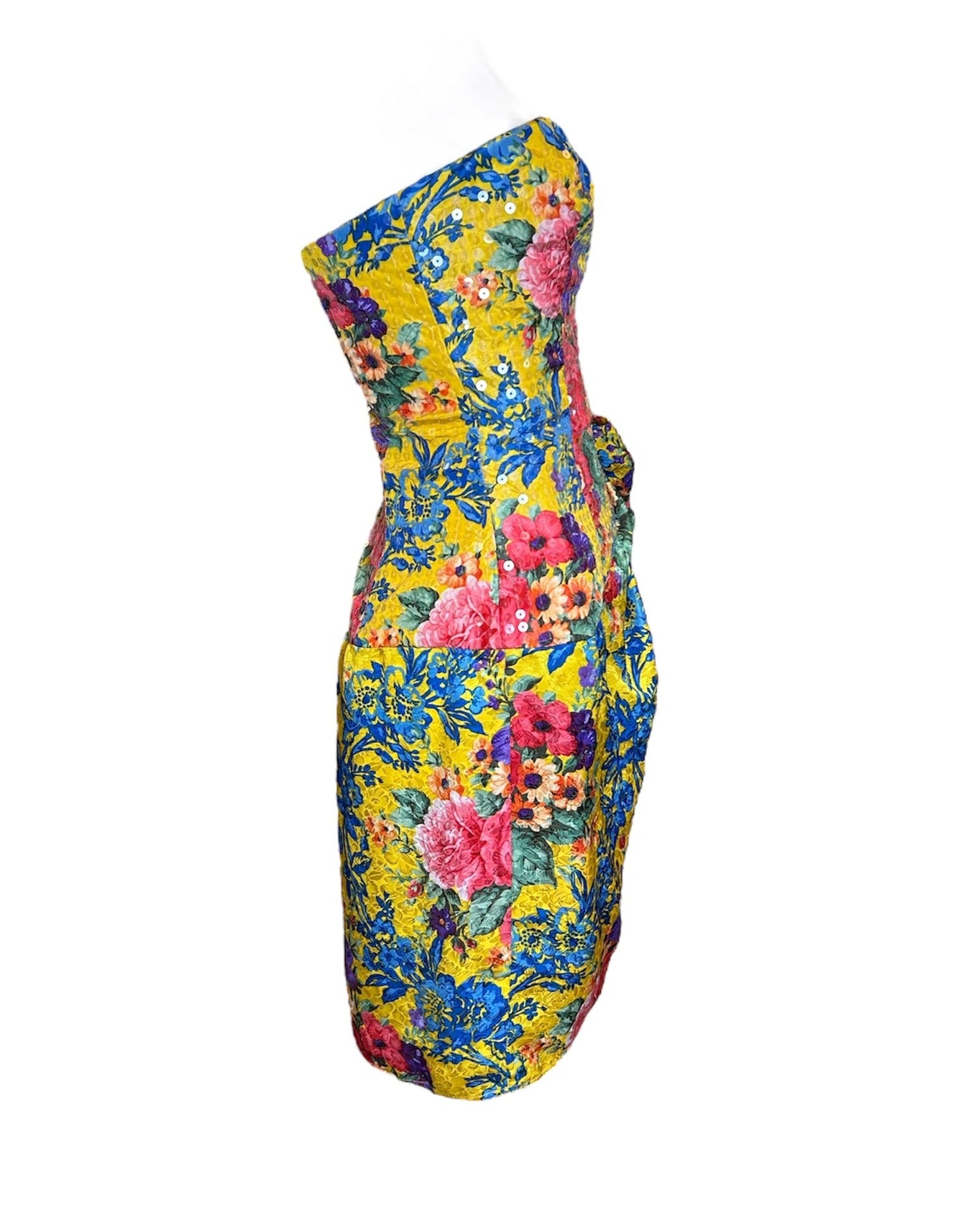  Bellville Sassoon Yellow Floral Silk & Sequined Cocktail Dress SIDE PHOTO 3 OF 6