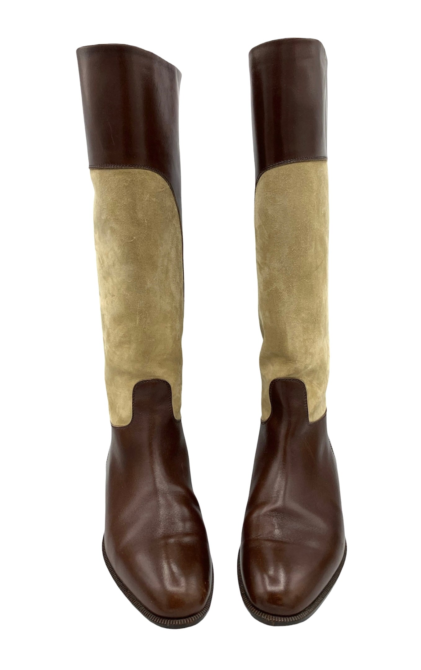 Gucci Brown Leather & Tan Suede Two Tone Riding Boots, front