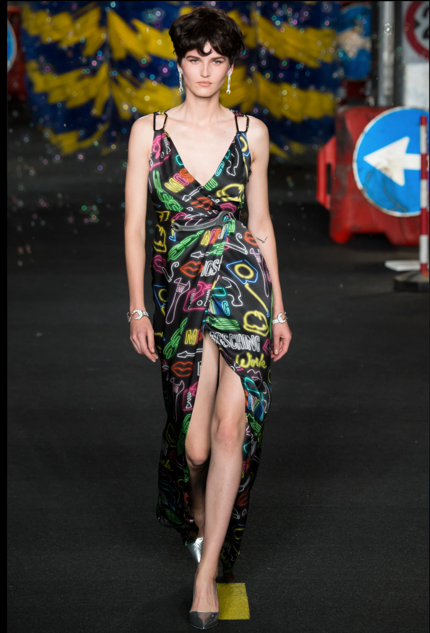 Moschino Couture SS 2016 Neon Sign Novelty Print Silk Gown RUNWAY SS 2016