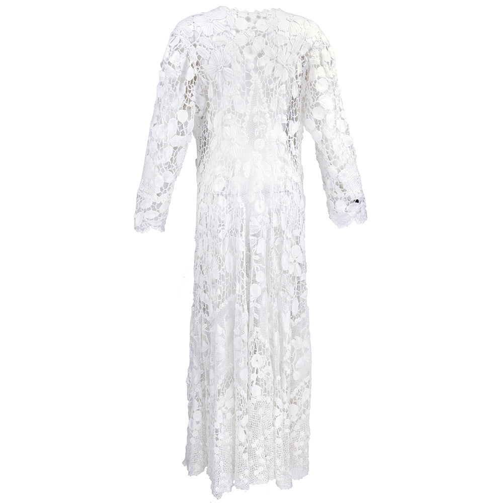 Vintage Edwardian White Irish Crochet Full Length Dress, back
