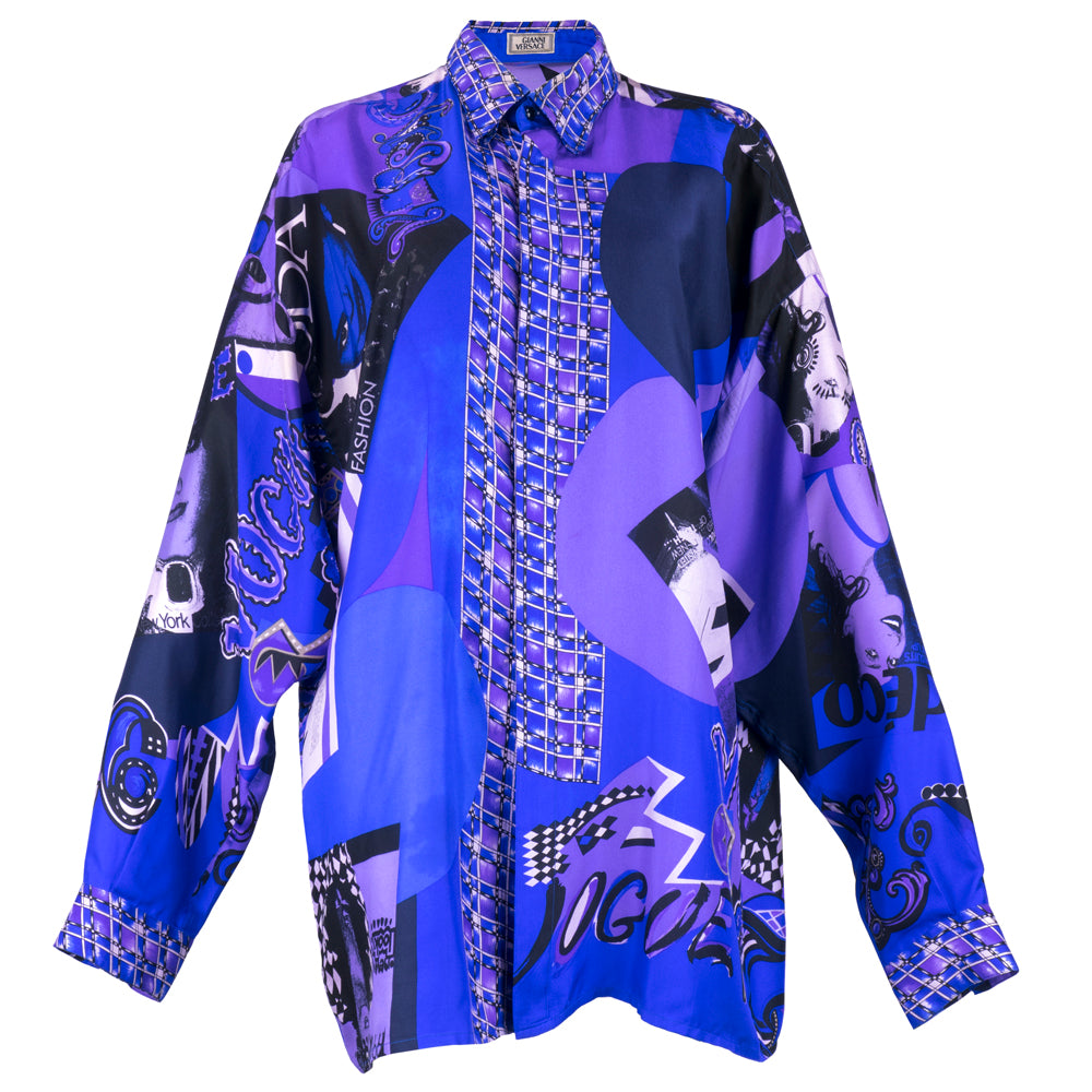 Vintage VERSACE 80s Silk Fashion-Print Oversized Shirt