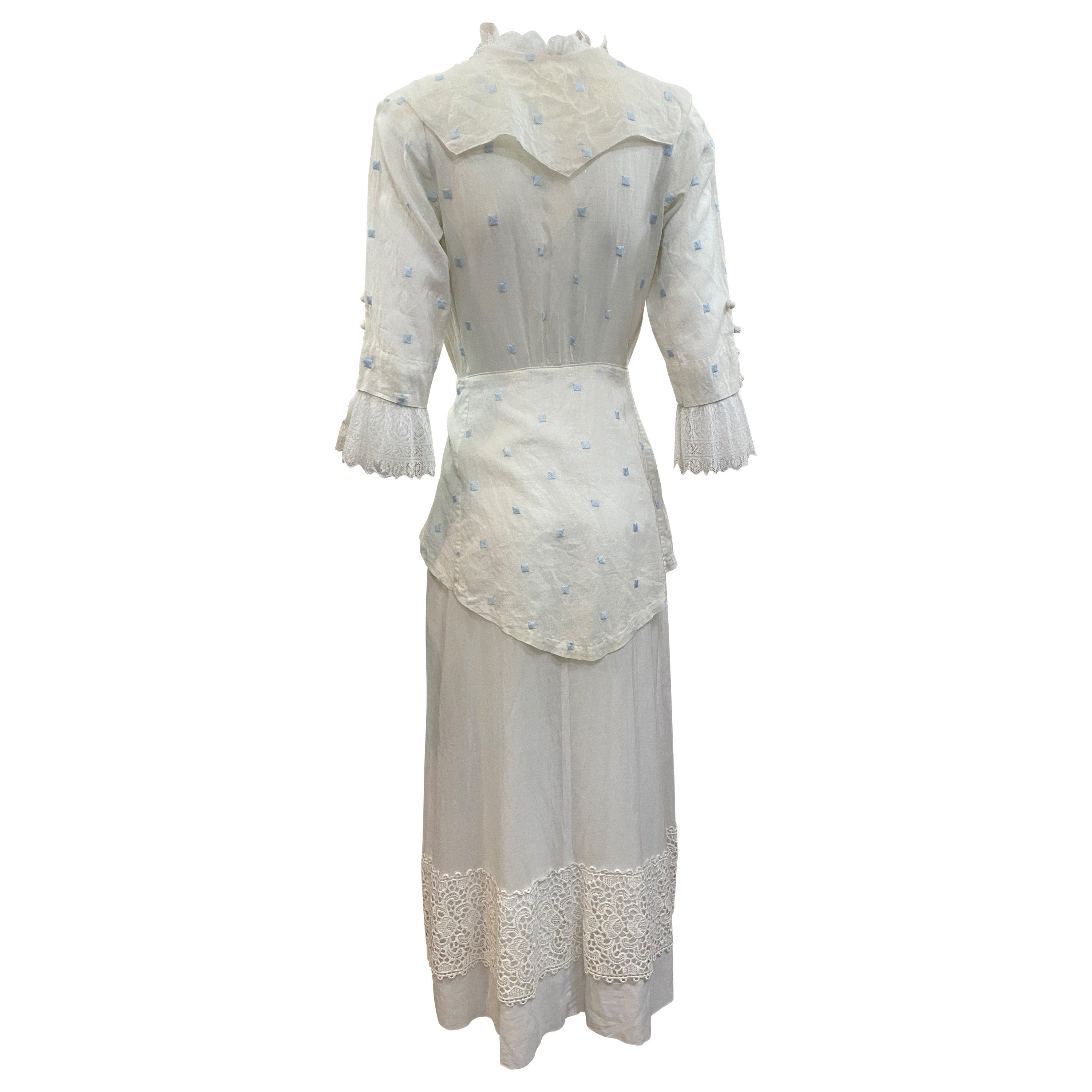 Edwardian White with Hand Embroidered Blue Polka Dot Lawn Dress, baack