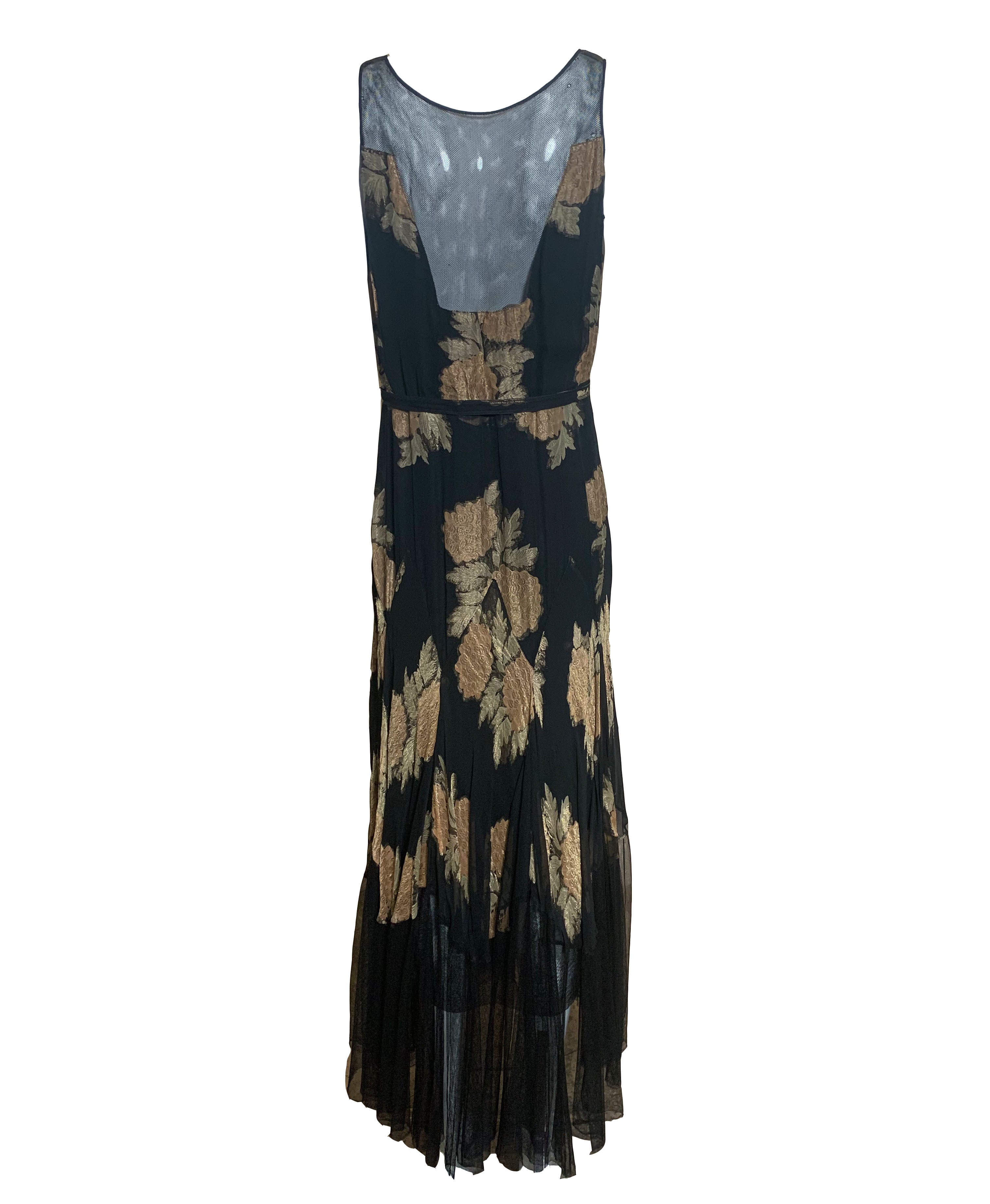 + 30s Lord and Taylor  Black Gold Lame Floral Gown with Mesh Trim and Belt  BACK 2 of 5